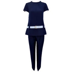 Courrèges Mod Navy Blue Wool Pantsuit with Patent White Belt, 1960s