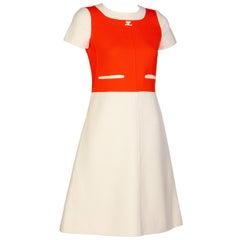 Courreges Numbered Couture Creme Orange Mod a Line Dress, 1960s