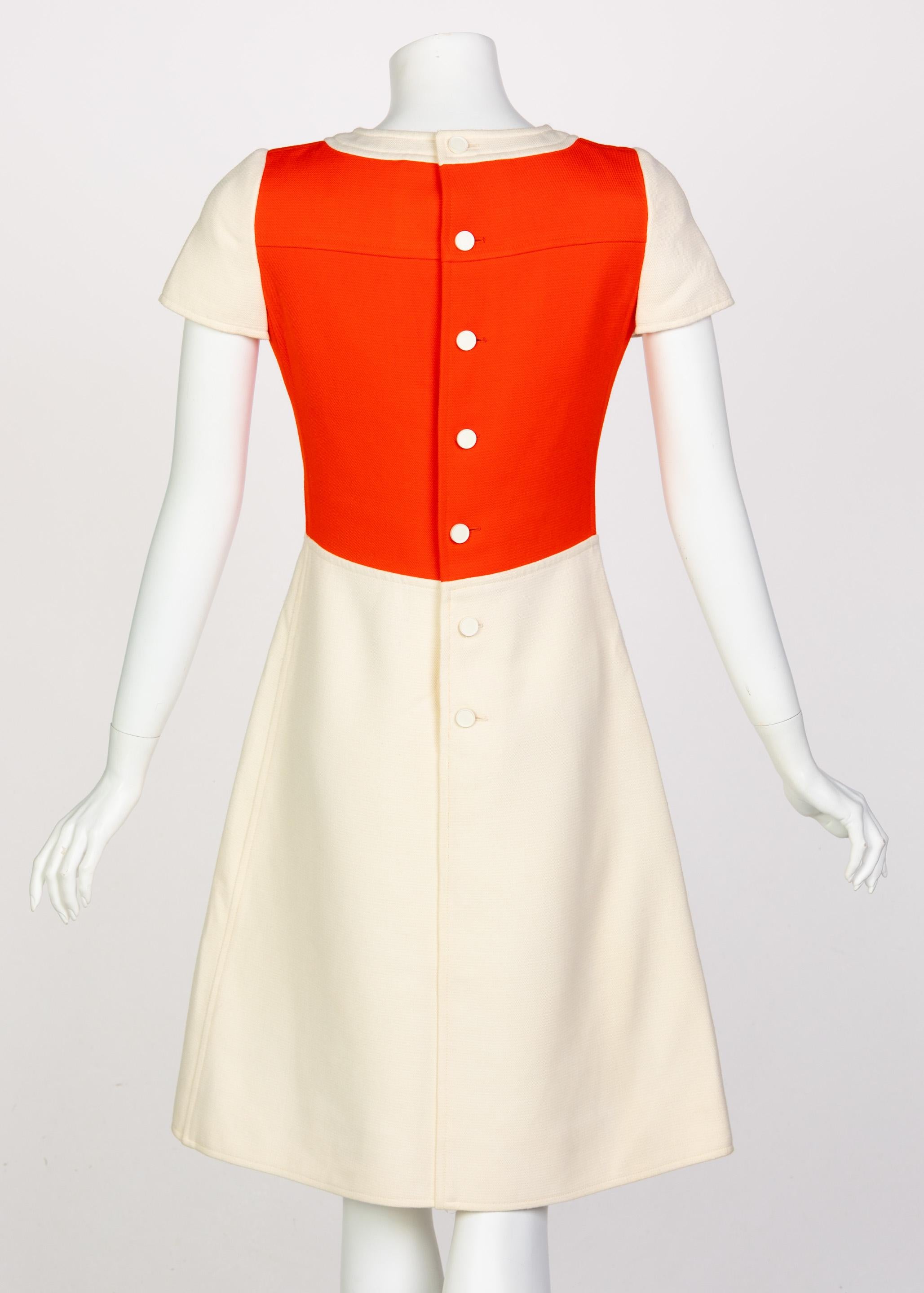 Women's Courreges Numbered Couture Creme Orange Mod a Line Dress, 1960s For Sale
