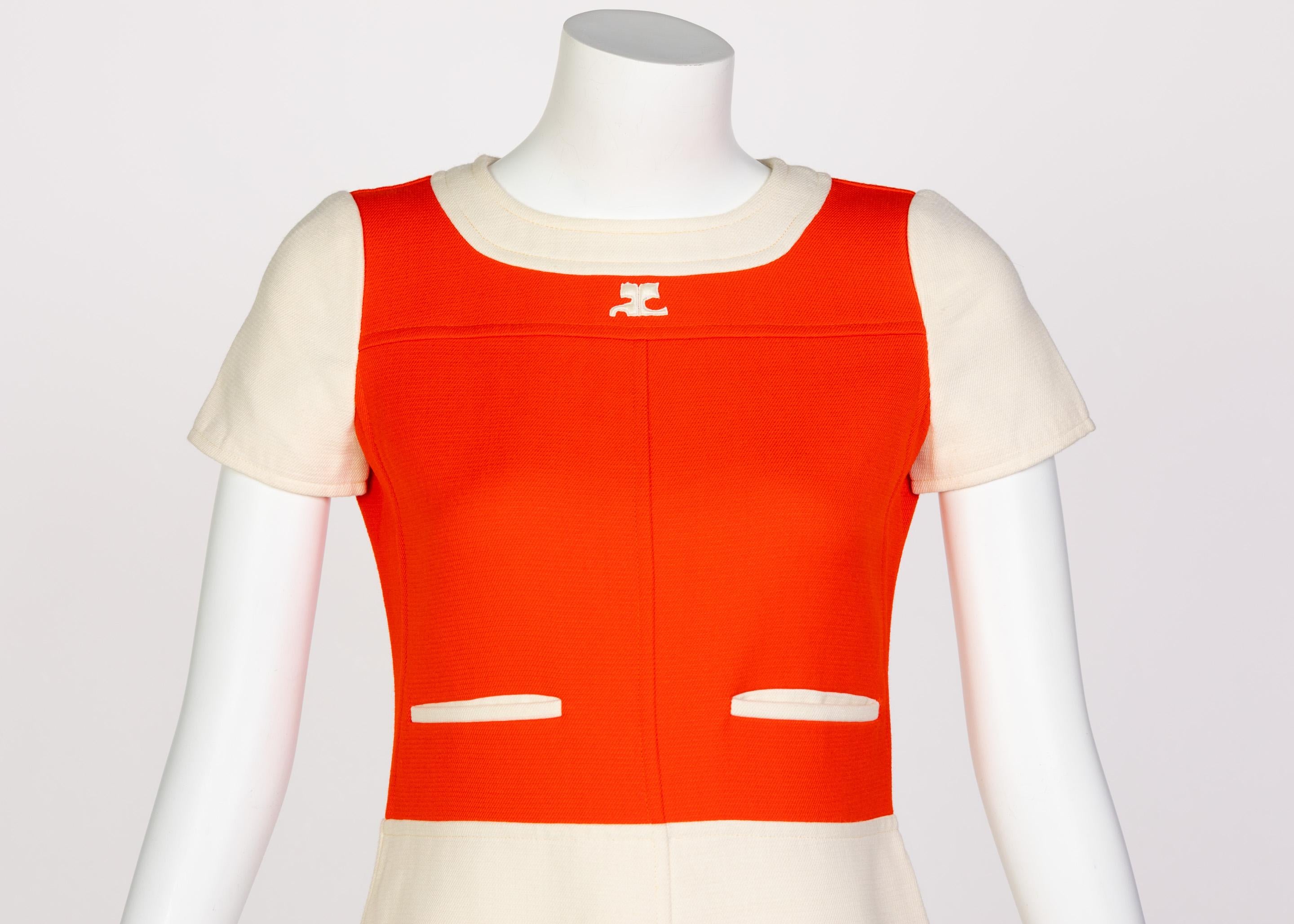Beige Courreges Numbered Couture Creme Orange Mod a Line Dress, 1960s