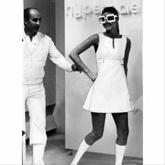 Courreges Numbered Couture Navy White Wool Zipper Mod Space-Age Dress, 1970s