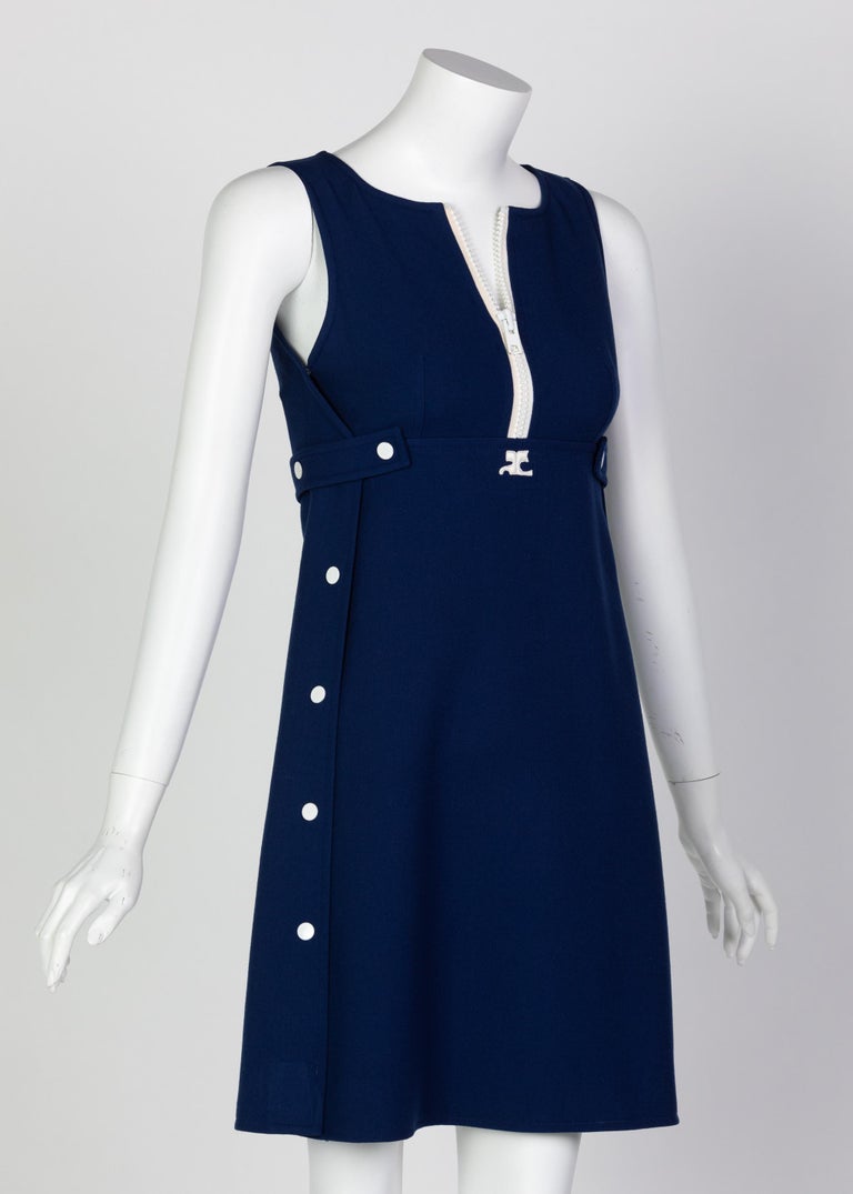 Black Courreges Numbered Couture Navy White Wool Zipper Mod Space-Age Dress, 1970s For Sale