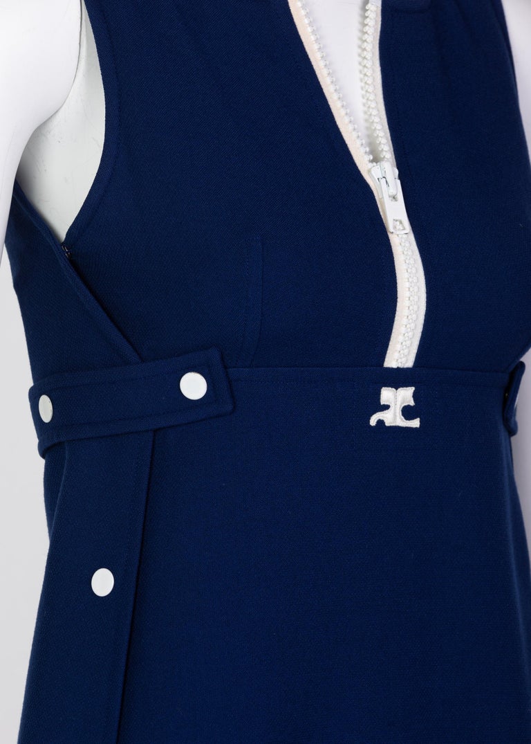 Courreges Numbered Couture Navy White Wool Zipper Mod Space-Age Dress, 1970s For Sale 1