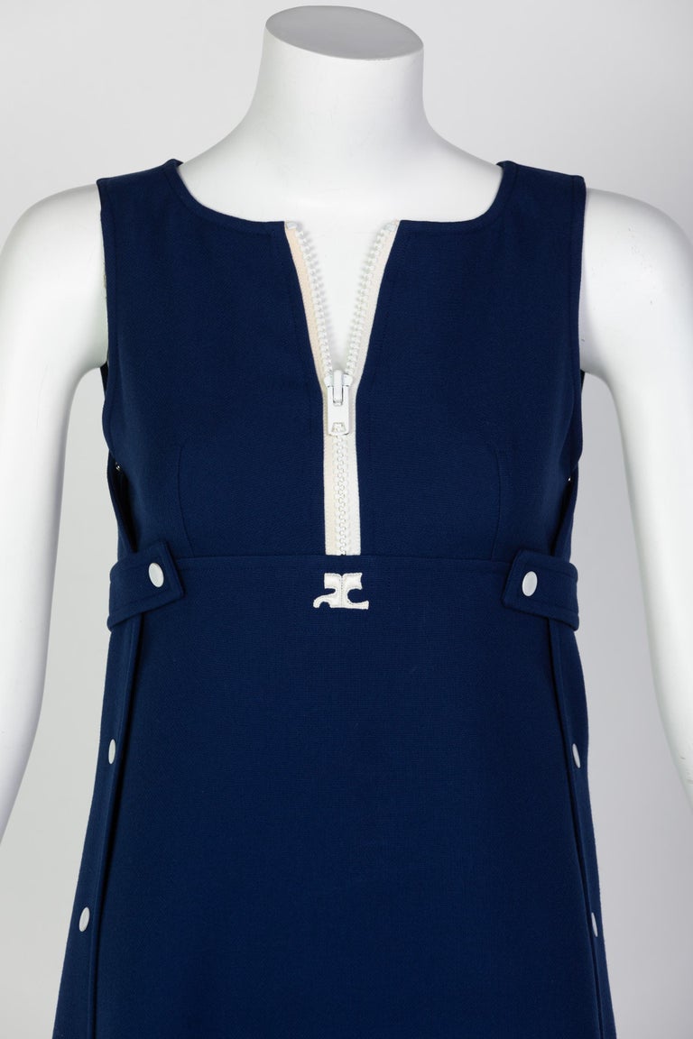Courreges Numbered Couture Navy White Wool Zipper Mod Space-Age Dress, 1970s For Sale 2