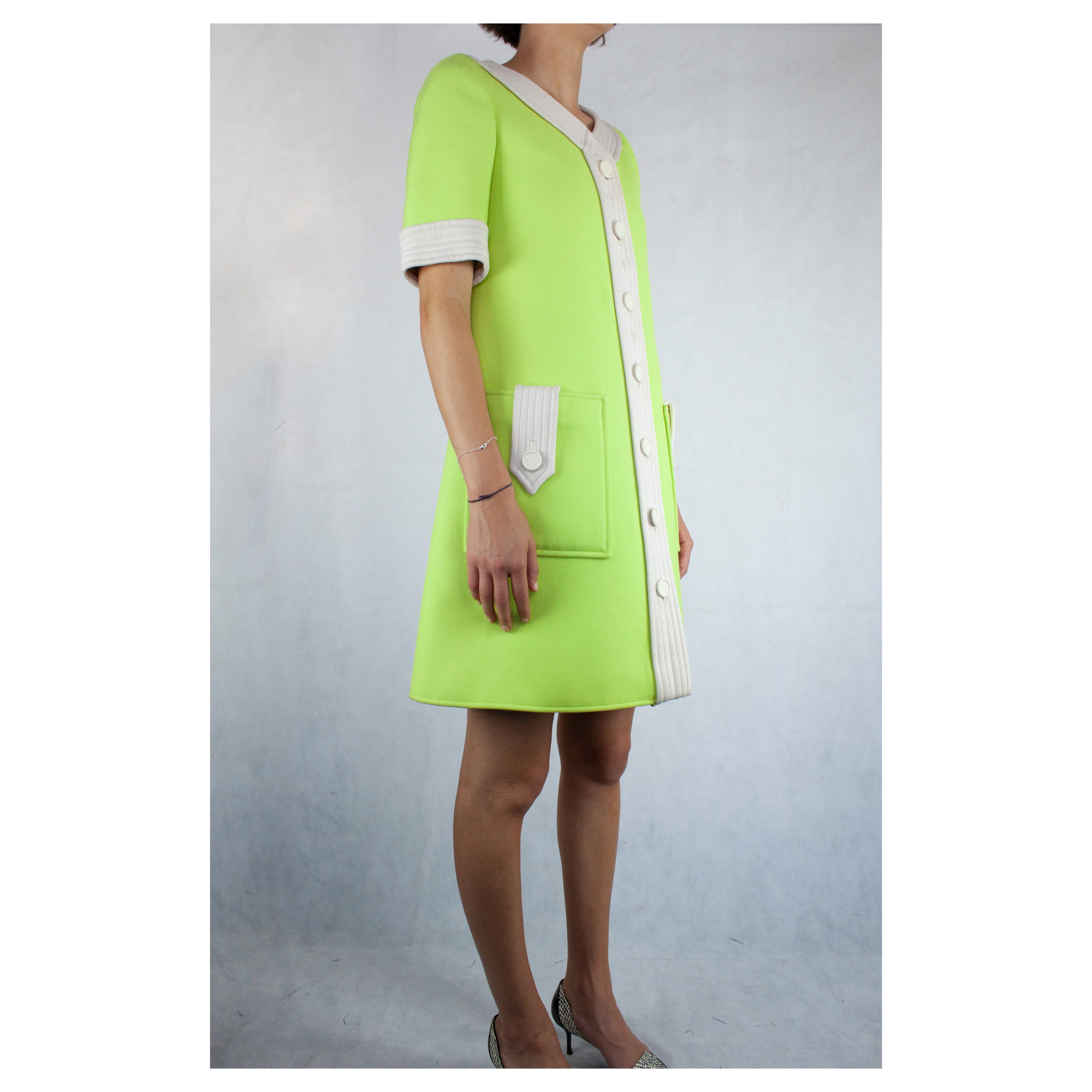 Green Courrèges numbered lime green and ivory wool dress. circa 1965 