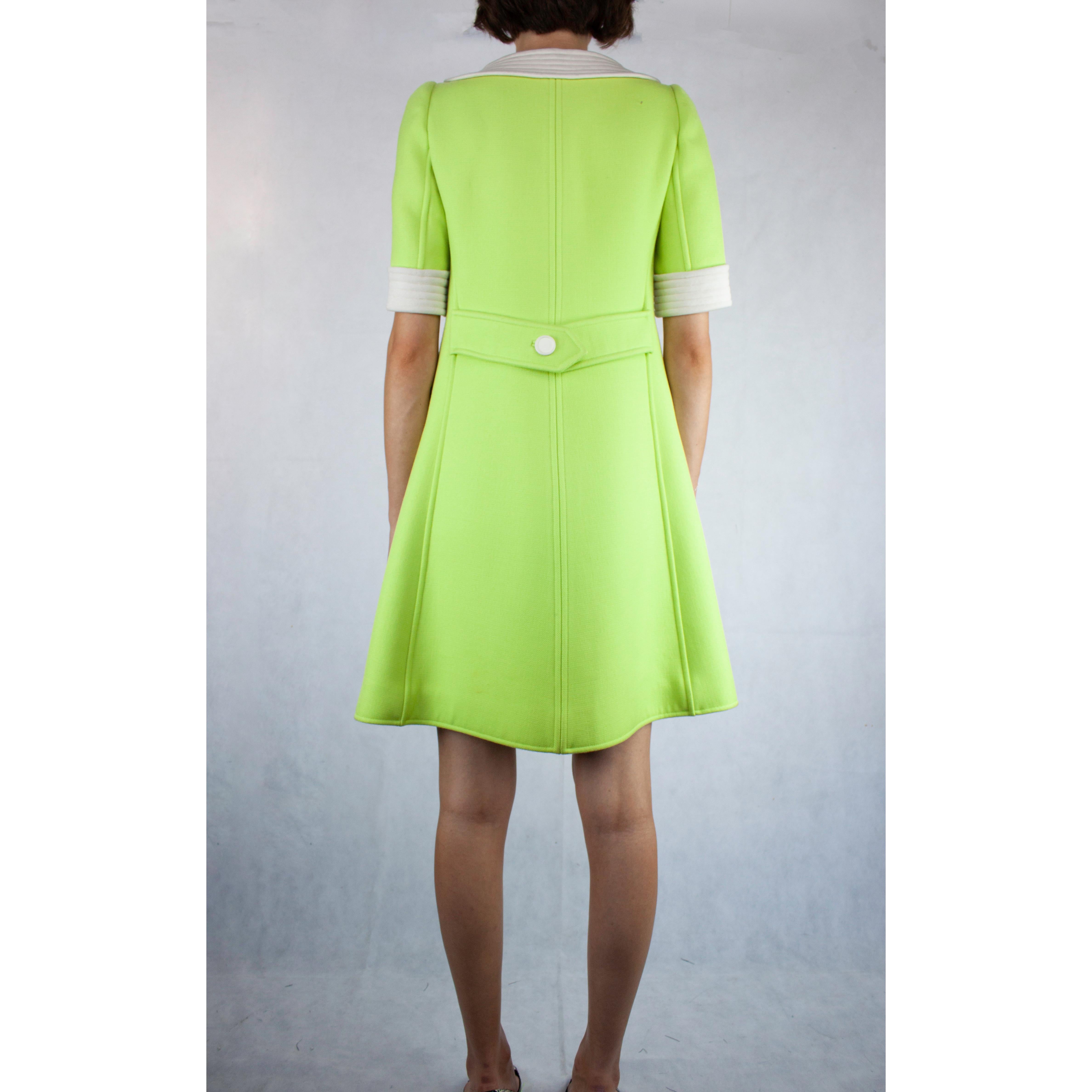 Women's Courrèges numbered lime green and ivory wool dress. circa 1965 