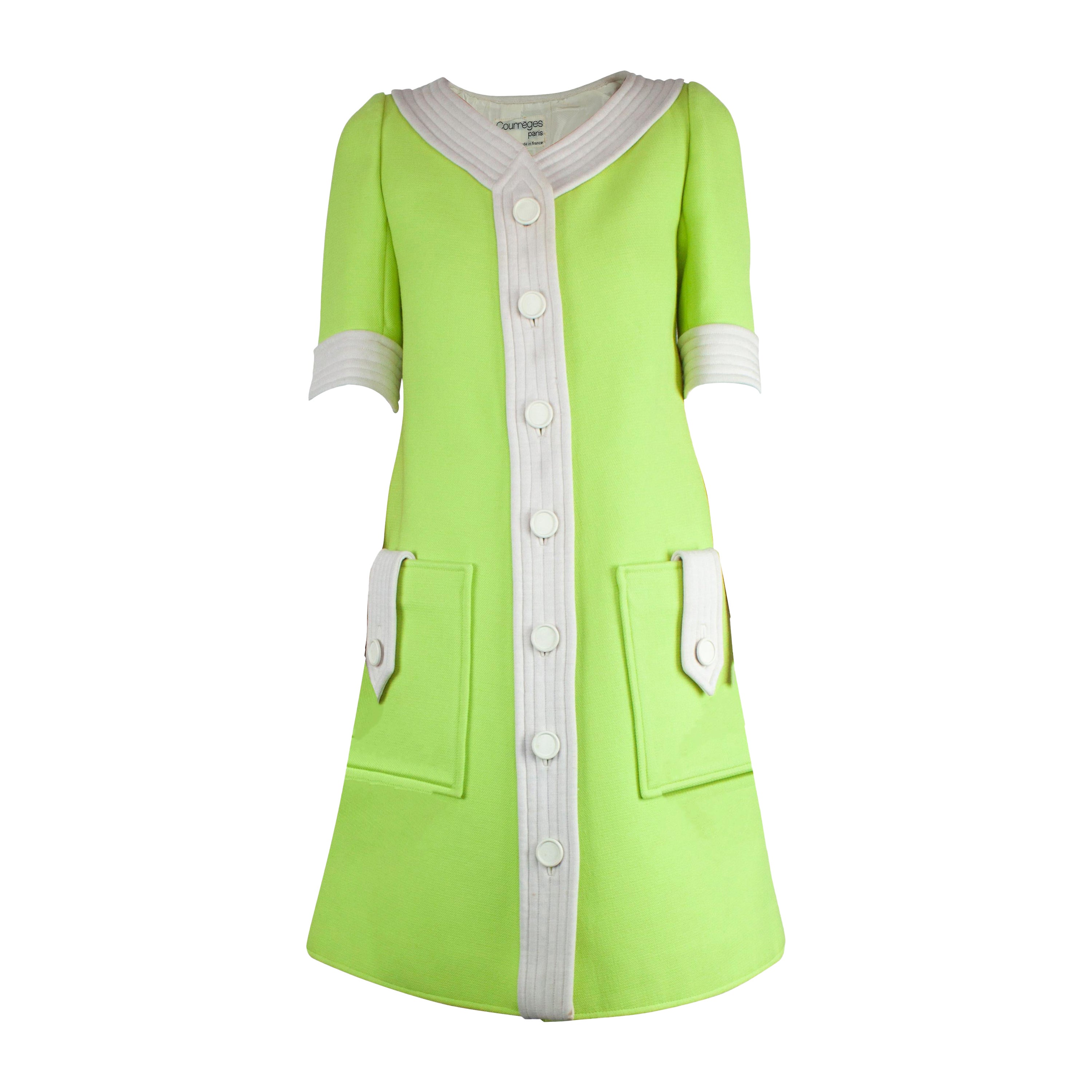 Courrèges numbered lime green and ivory wool dress. circa 1965  For Sale