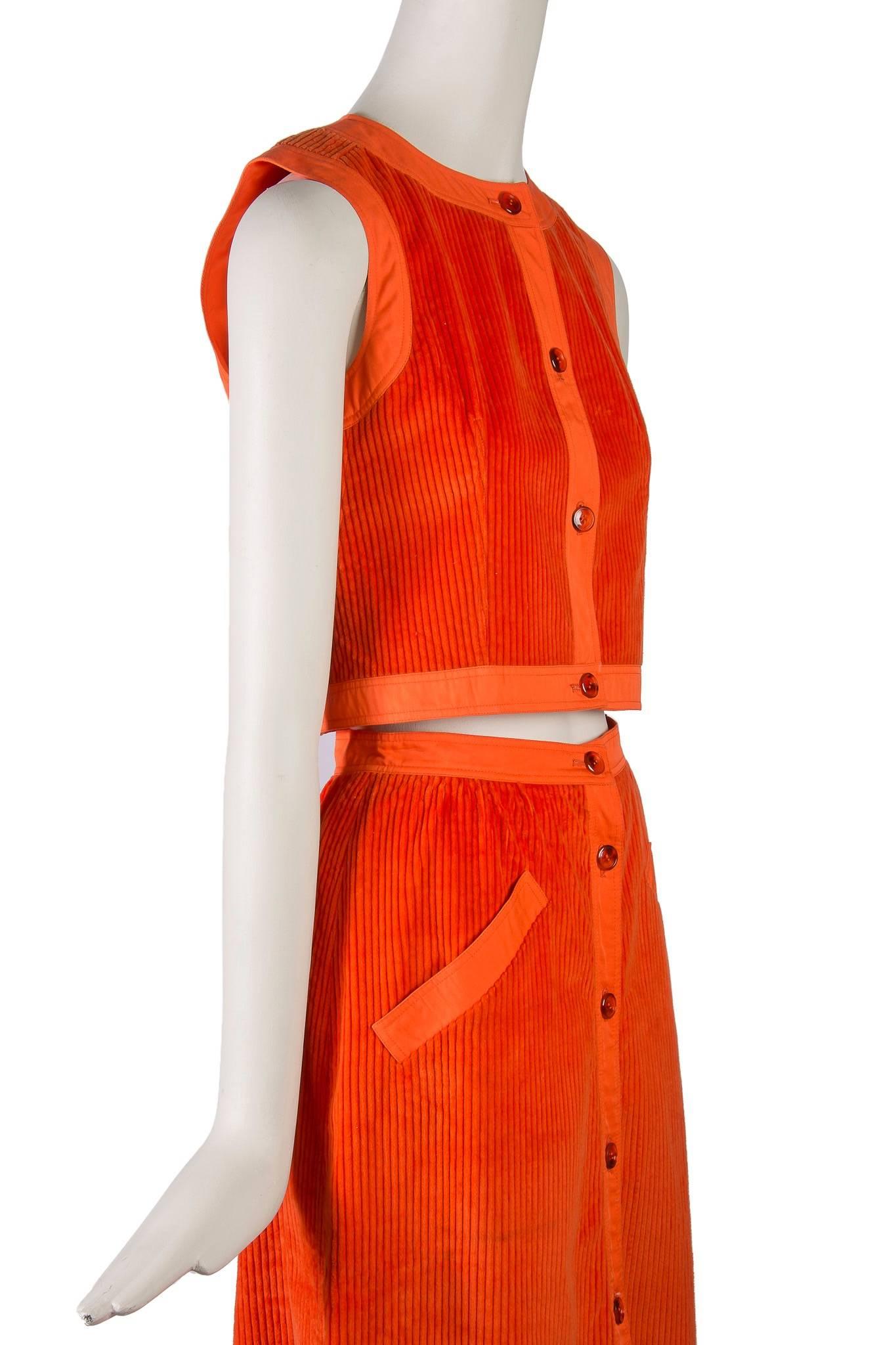 Red Courreges Orange Corduroy Skirt Set - 1970's Condition For Sale
