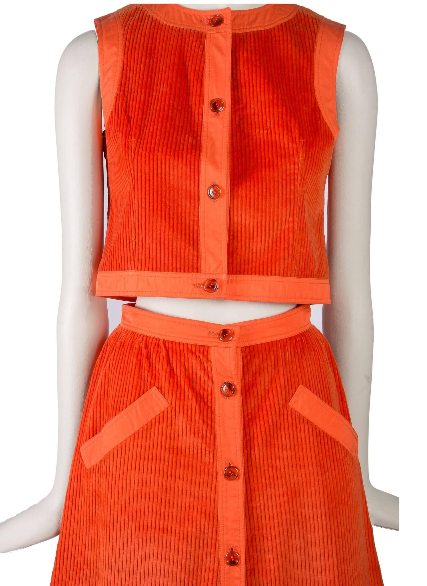 Courreges Orange Corduroy Skirt Set - 1970's Condition In Excellent Condition For Sale In Boca Raton, FL