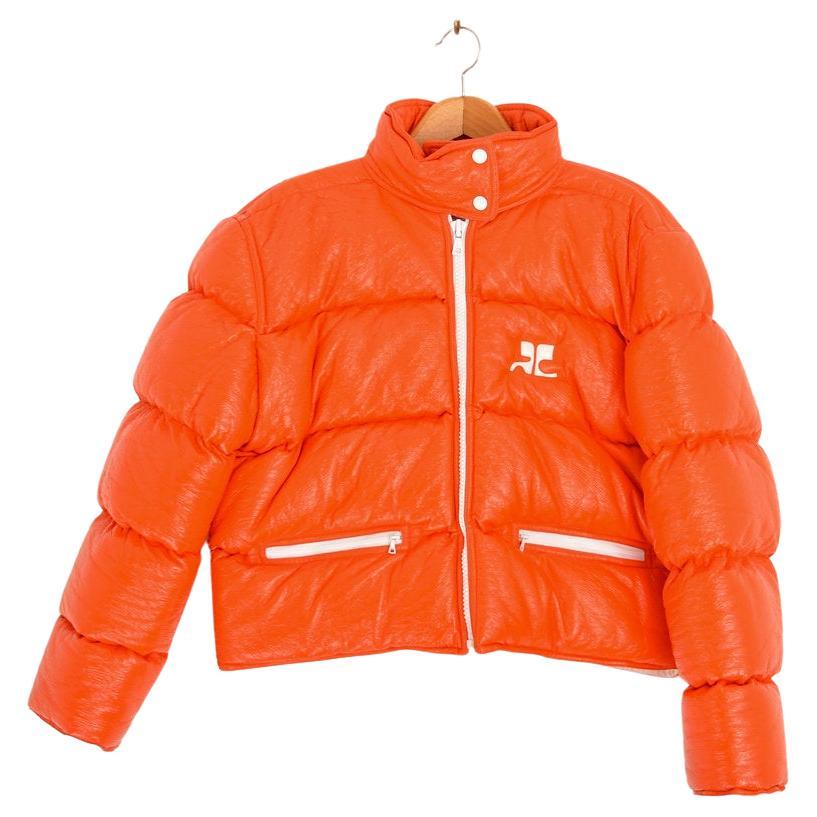 Courrèges Orange Vinyl Cropped Y2K Puffa Jacket Coat 