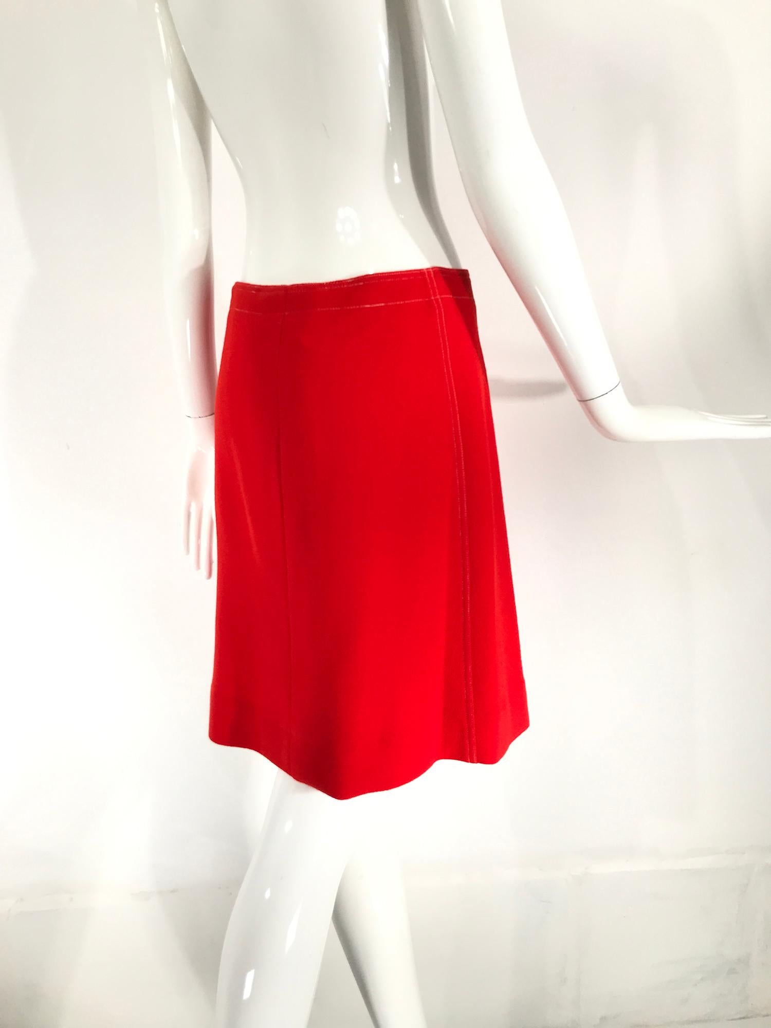 Courreges Orange Wool A Line Skirt White Top Stitching 42 In Good Condition For Sale In West Palm Beach, FL