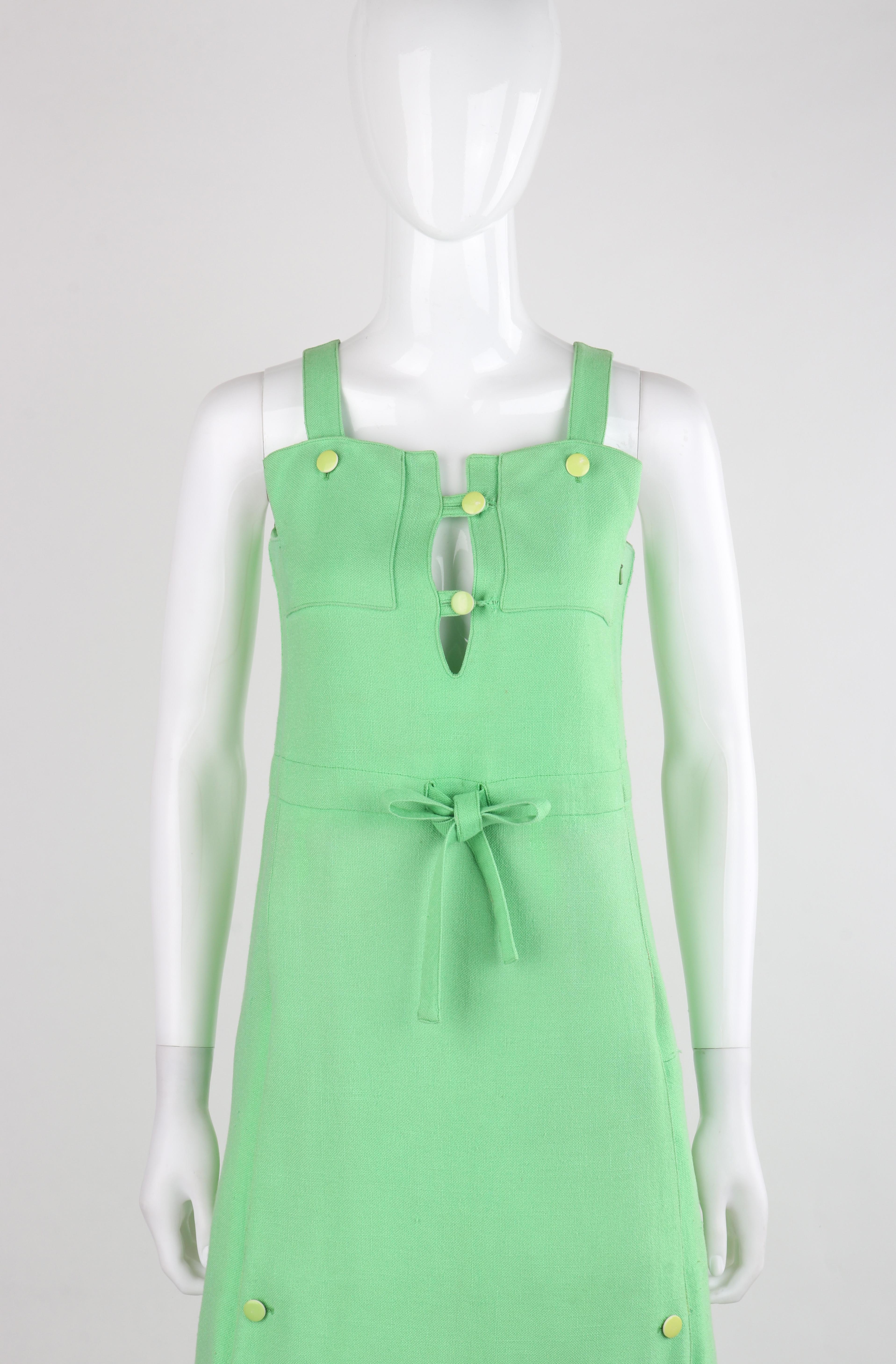 COURREGES Paris c.1960's Vtg Mint Green Tie Front Overall Midi Day Dress In Good Condition For Sale In Thiensville, WI