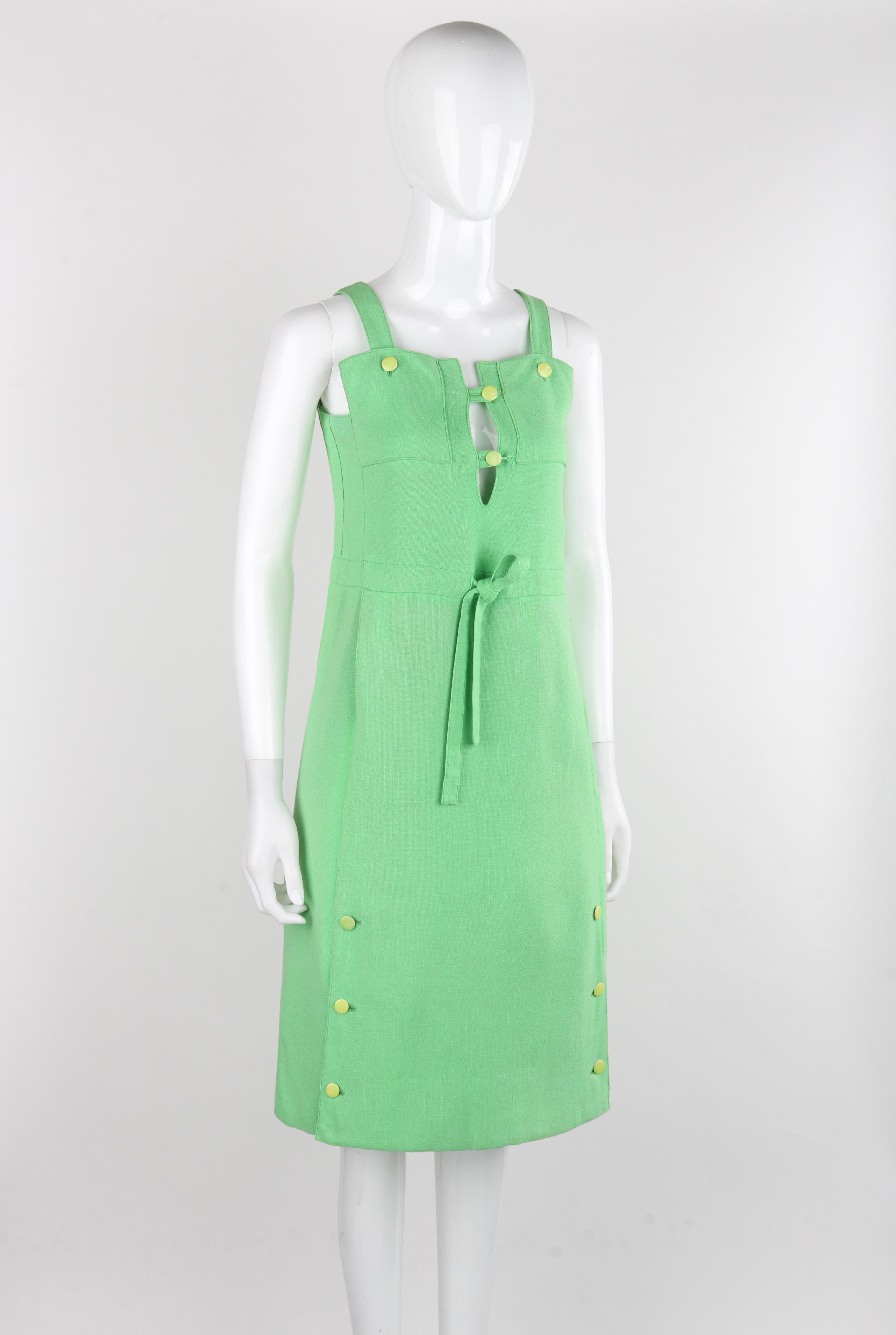 Women's COURREGES Paris c.1960's Vtg Mint Green Tie Front Overall Midi Day Dress For Sale