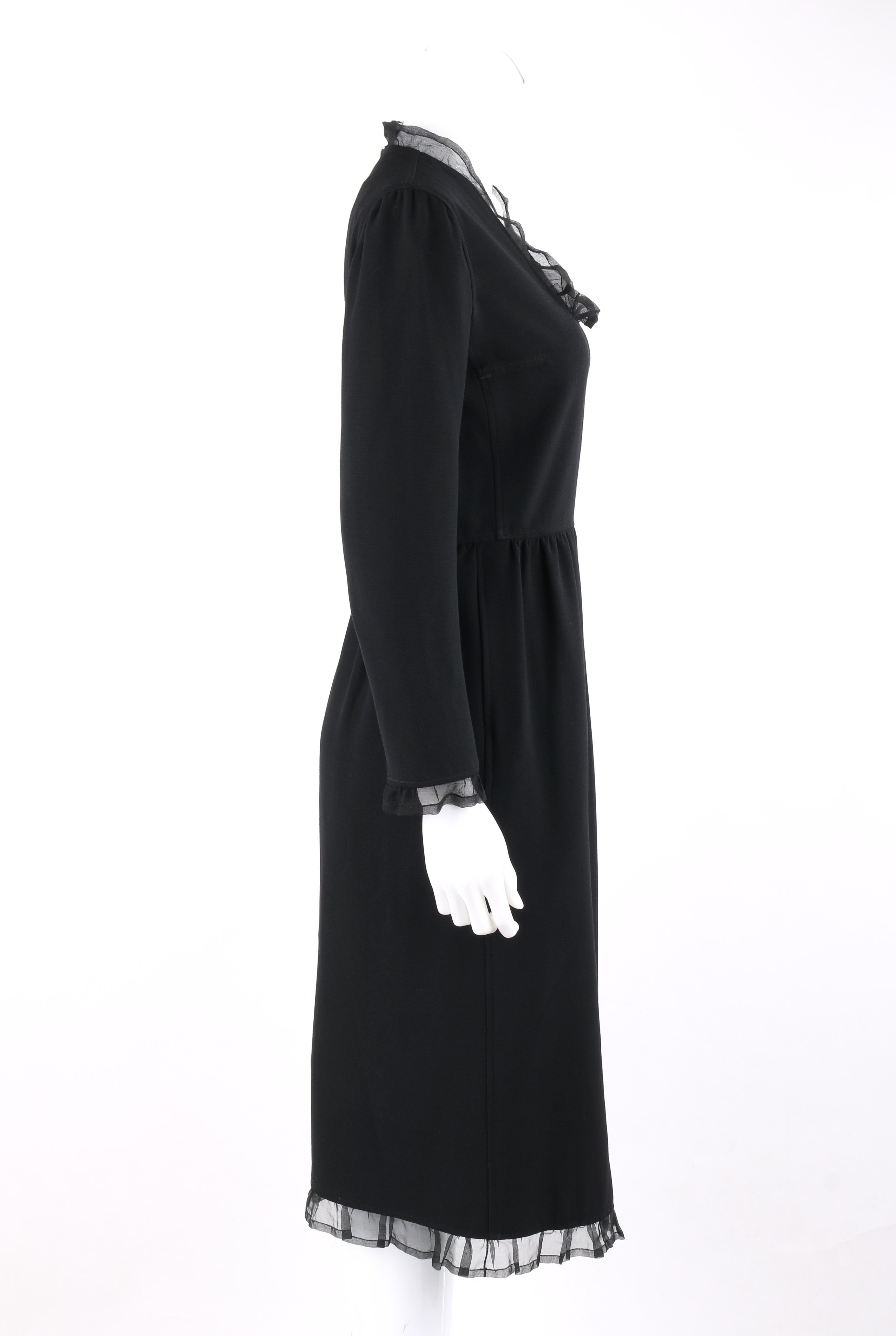 COURREGES Paris c.1970's Black Silk Ruffle Square Scoop Neck Midi Dress In Good Condition In Thiensville, WI