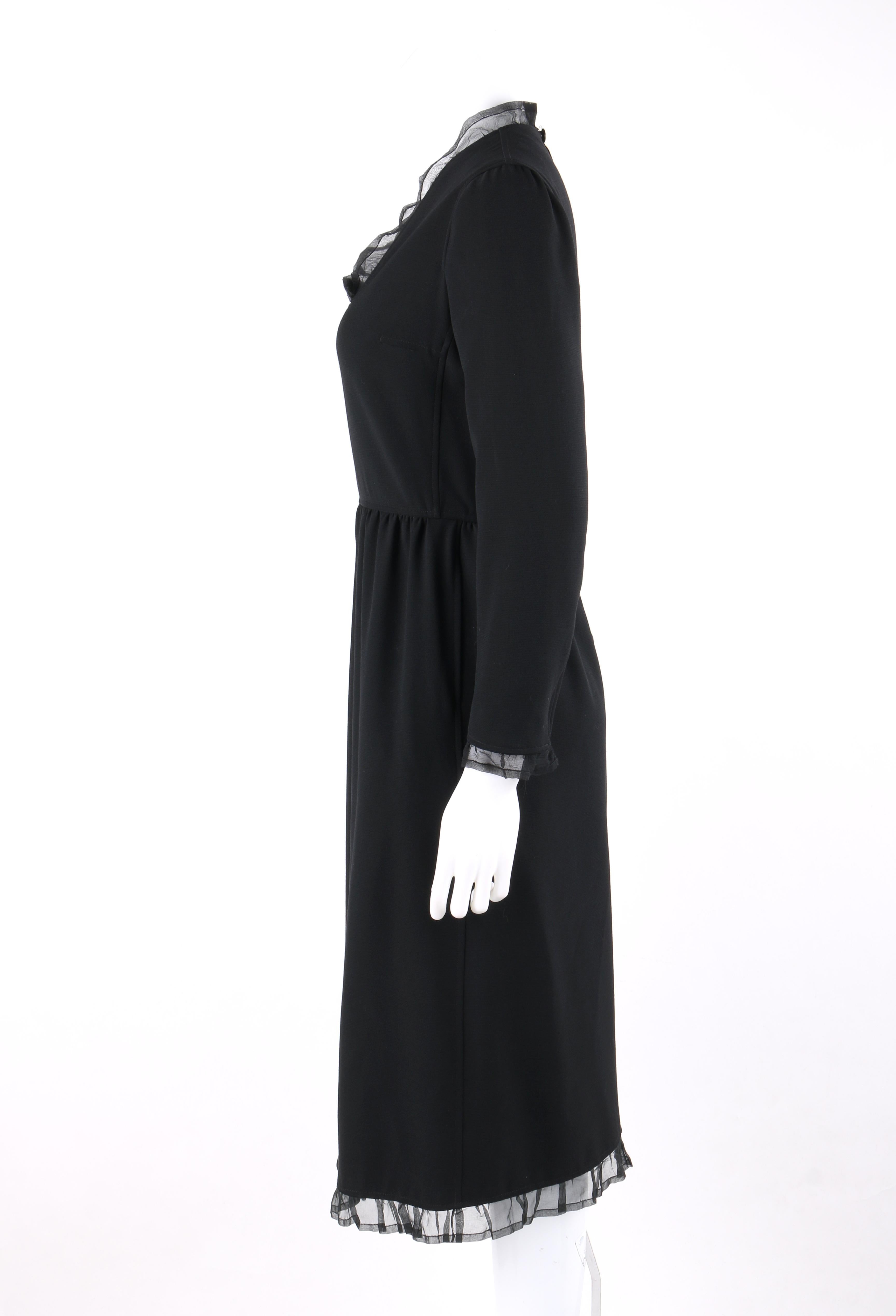 COURREGES Paris c.1970's Black Silk Ruffle Square Scoop Neck Midi Dress 1