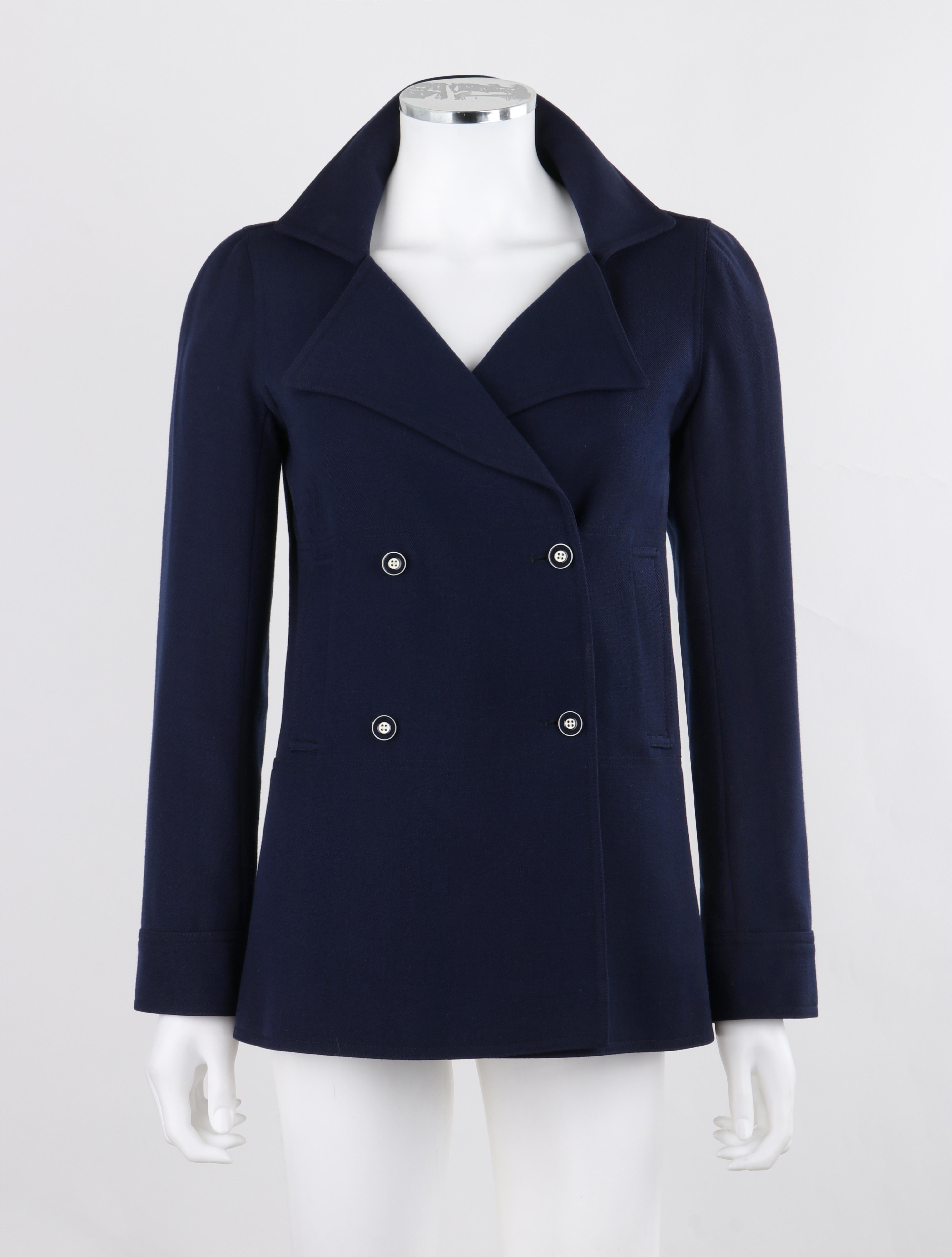 COURREGES PARIS c.1970's Vtg Navy Blue Wool Double Breasted Blazer Jacket

Brand / Manufacturer: Courreges
Circa: 1970's
Designer: Andre Courreges
Style: Double Breasted Blazer
Color(s): Navy Blue
Lined: Yes
Marked Fabric: 