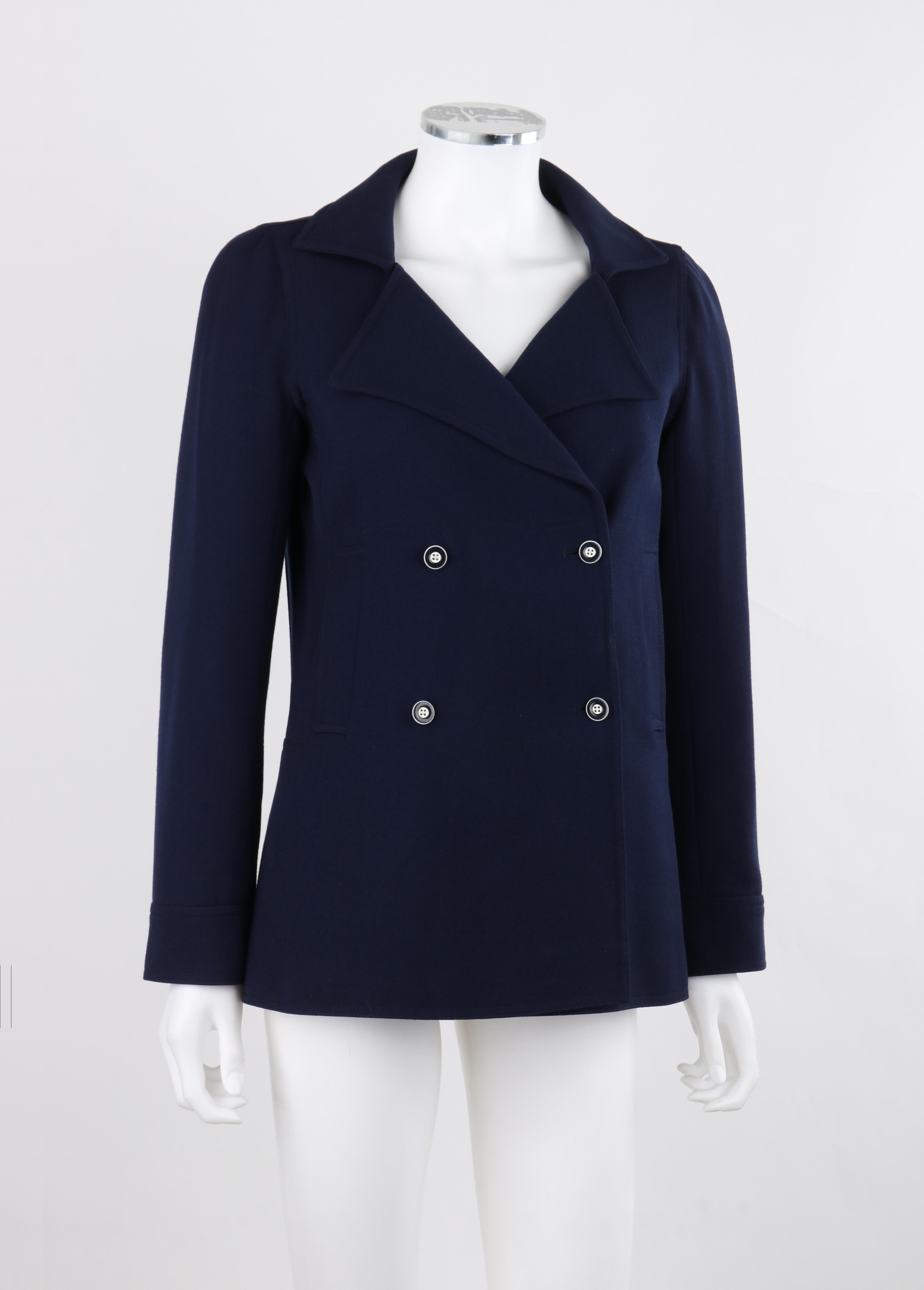 COURREGES PARIS c.1970's Vtg Navy Blue Wool Double Breasted Blazer Jacket  In Good Condition For Sale In Thiensville, WI