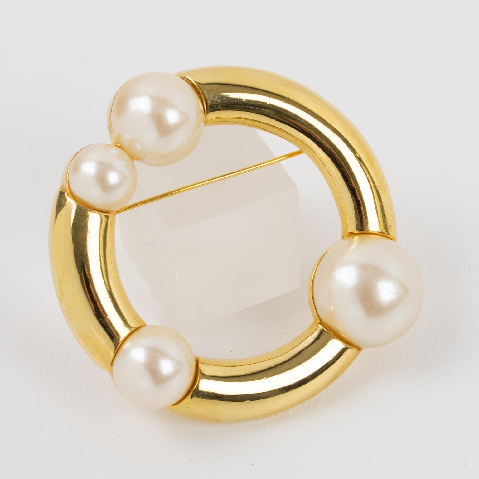 Women's Courreges Paris Gilt Metal and Pearl Modernist Pin Brooch
