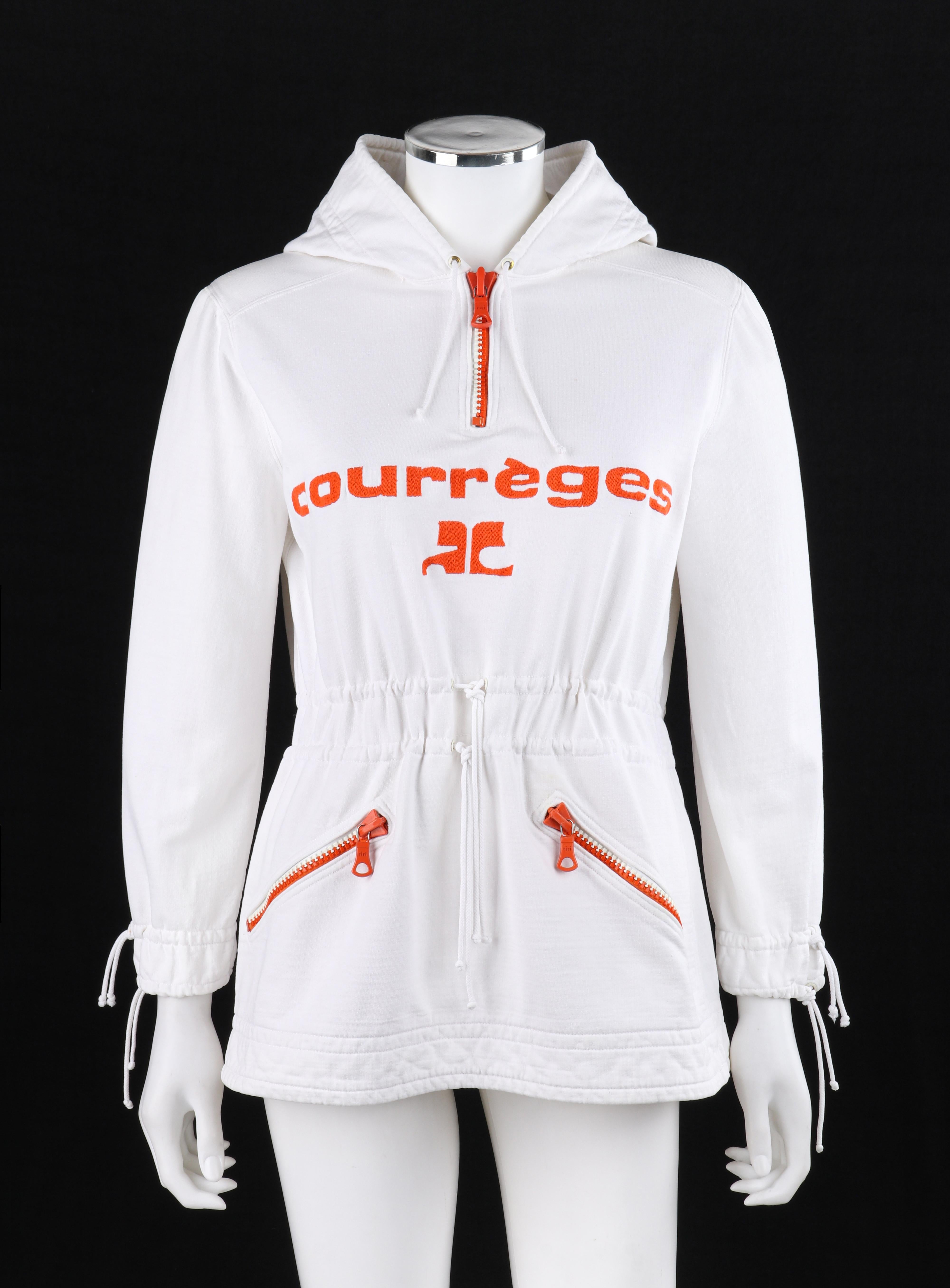 COURREGES Paris Hyperbole c.1970’s White Embroidered Quarter Zip Pullover Hoodie
 
Brand / Manufacturer: Courrèges Paris Hyperbole
Circa: 1970’s 
Style: Quarter zip pullover
Color(s): Shades of white and orange
Lined: No
Marked Fabric Content: 100%