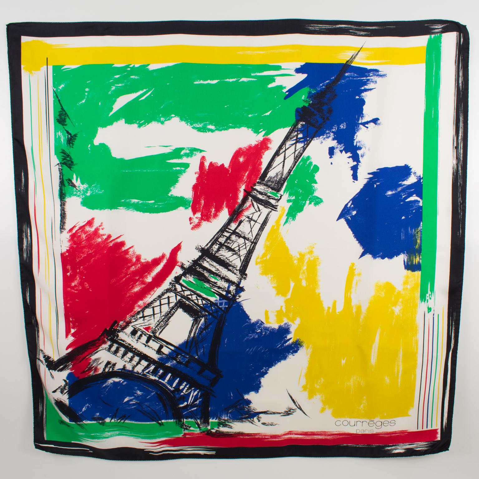 Courrèges Paris - Écharpe en soie imprimée La Tour Eiffel en multicolore en vente 2
