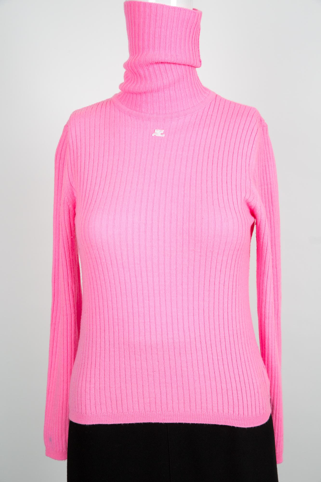 Courreges Pink Wool Ribbed Top In Good Condition In Paris, FR