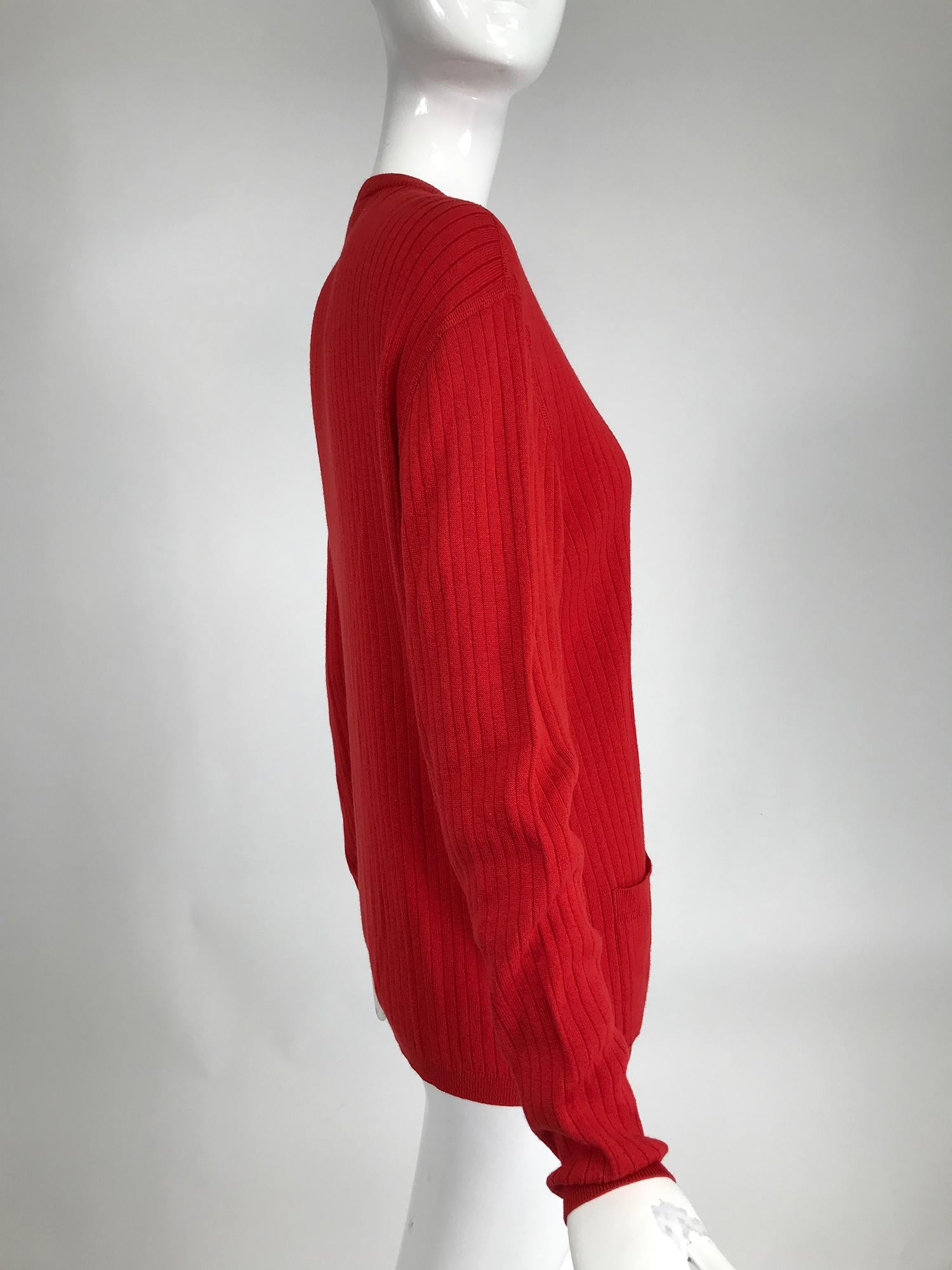 Courreges Red V Neck Ribbed Cardigan Sweater In Good Condition In West Palm Beach, FL