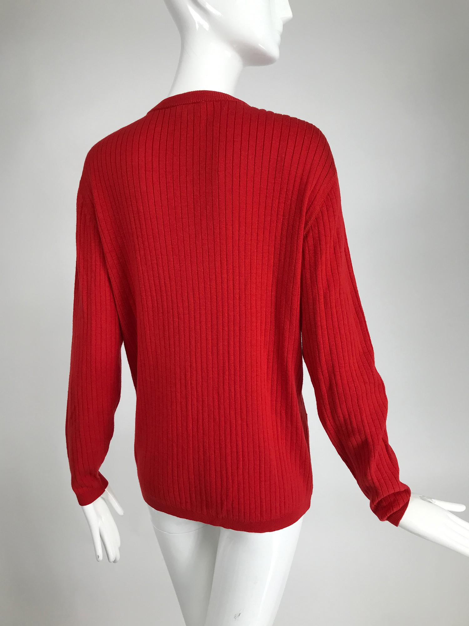 Women's Courreges Red V Neck Ribbed Cardigan Sweater