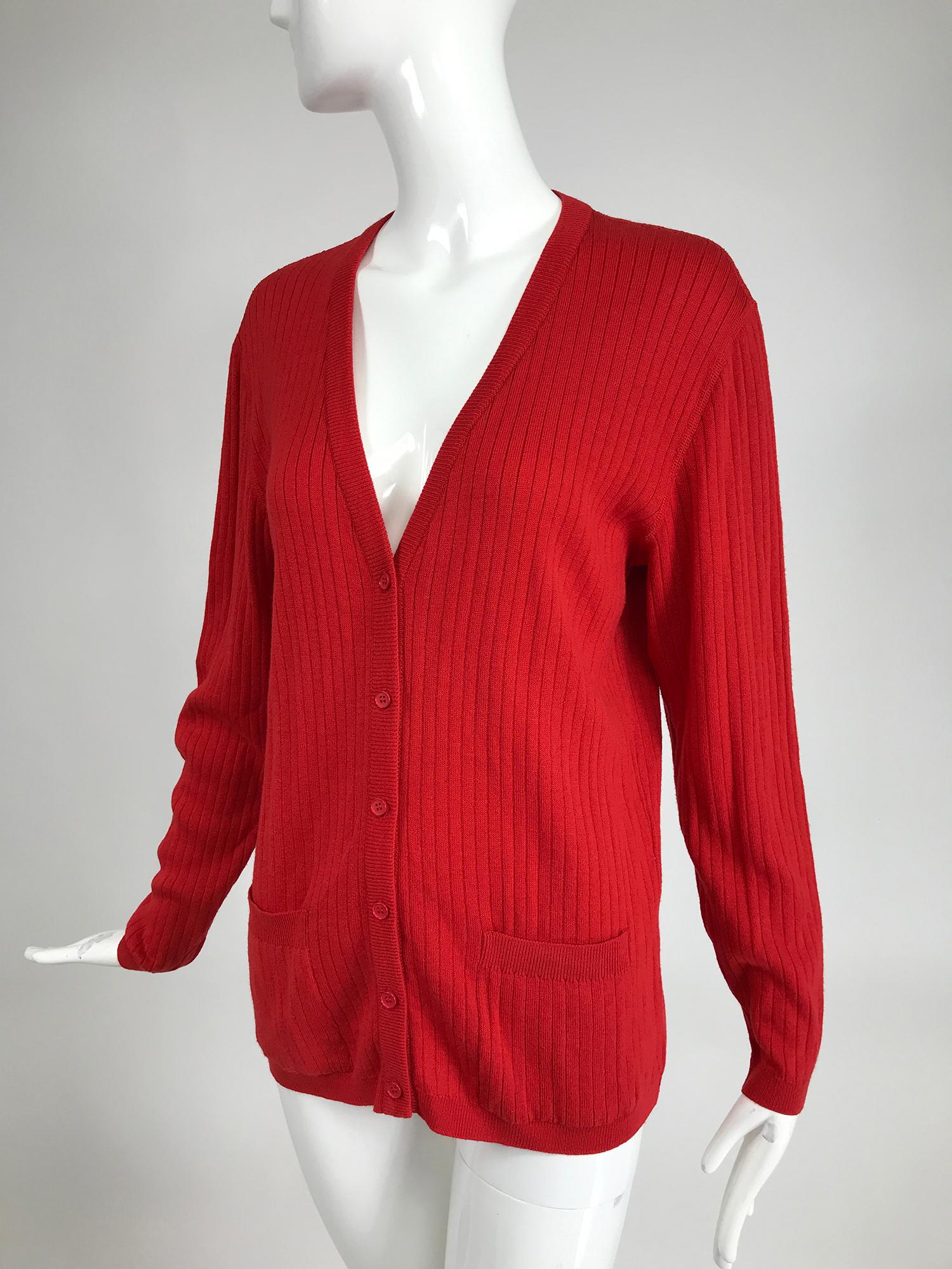 Courreges Red V Neck Ribbed Cardigan Sweater 2