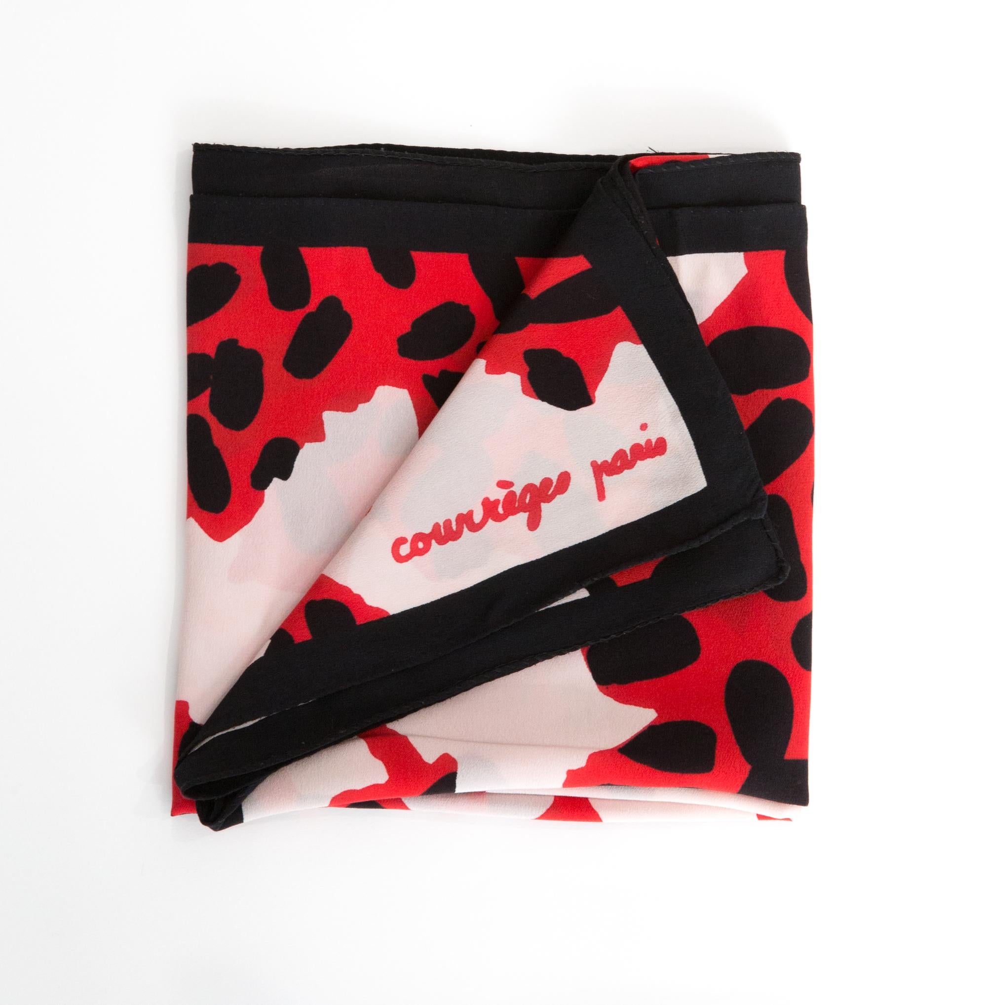 Courreges silkscarf featuring an animal print, a black border and logo print signature. 
In good vintage condition. Made in France.
33in. (84cm)  X 33in. (84cm)
We guarantee you will receive this  iconic item as described and showed on