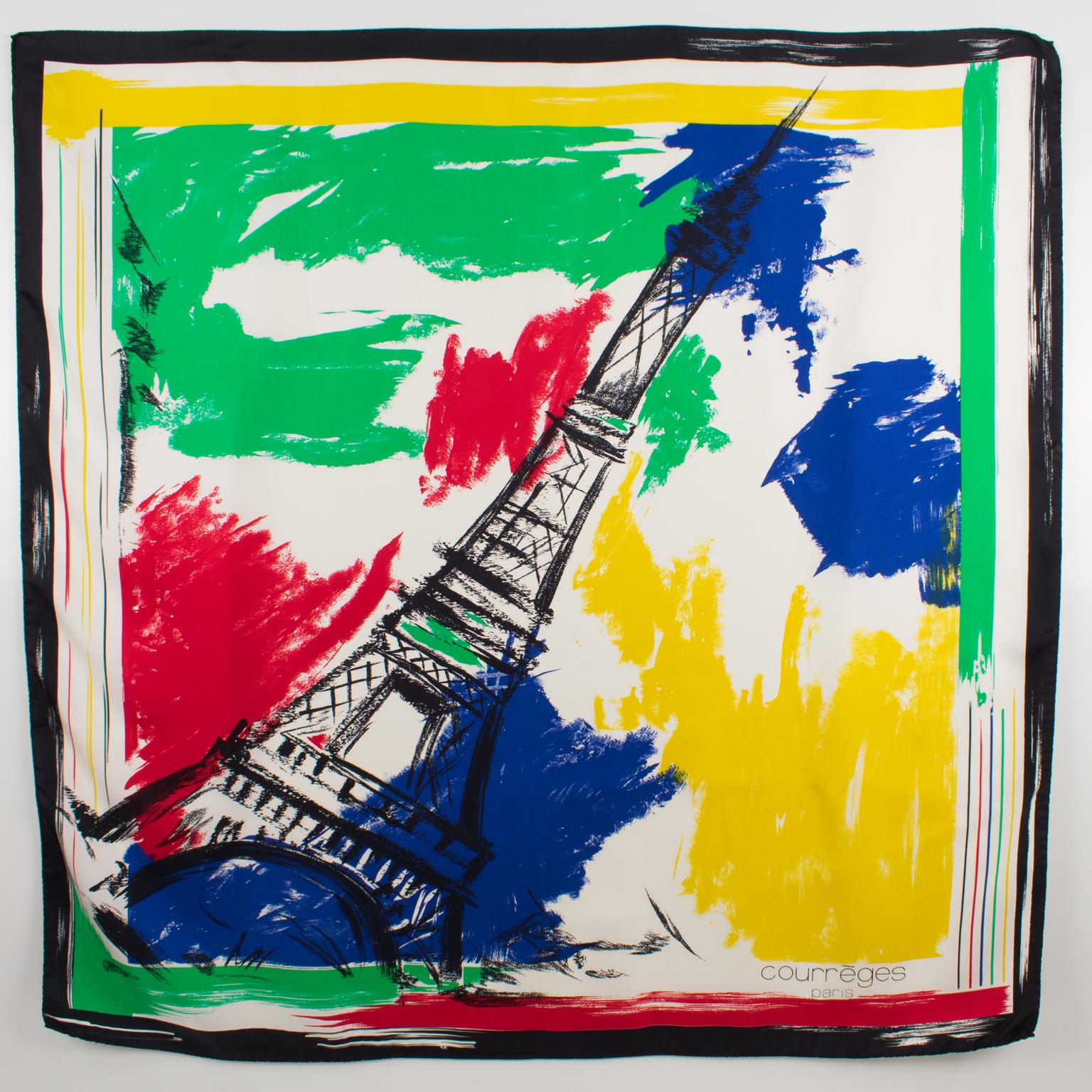 Courreges Silk Scarf Multicolor Eiffel Tower Print In Excellent Condition For Sale In Atlanta, GA