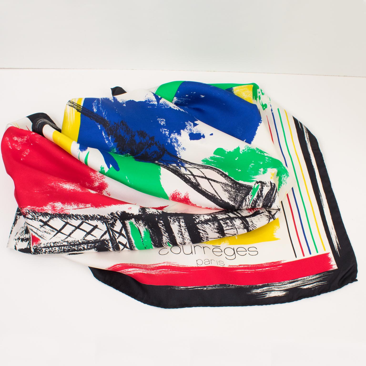 Courreges Silk Scarf Multicolor Eiffel Tower Print For Sale 3
