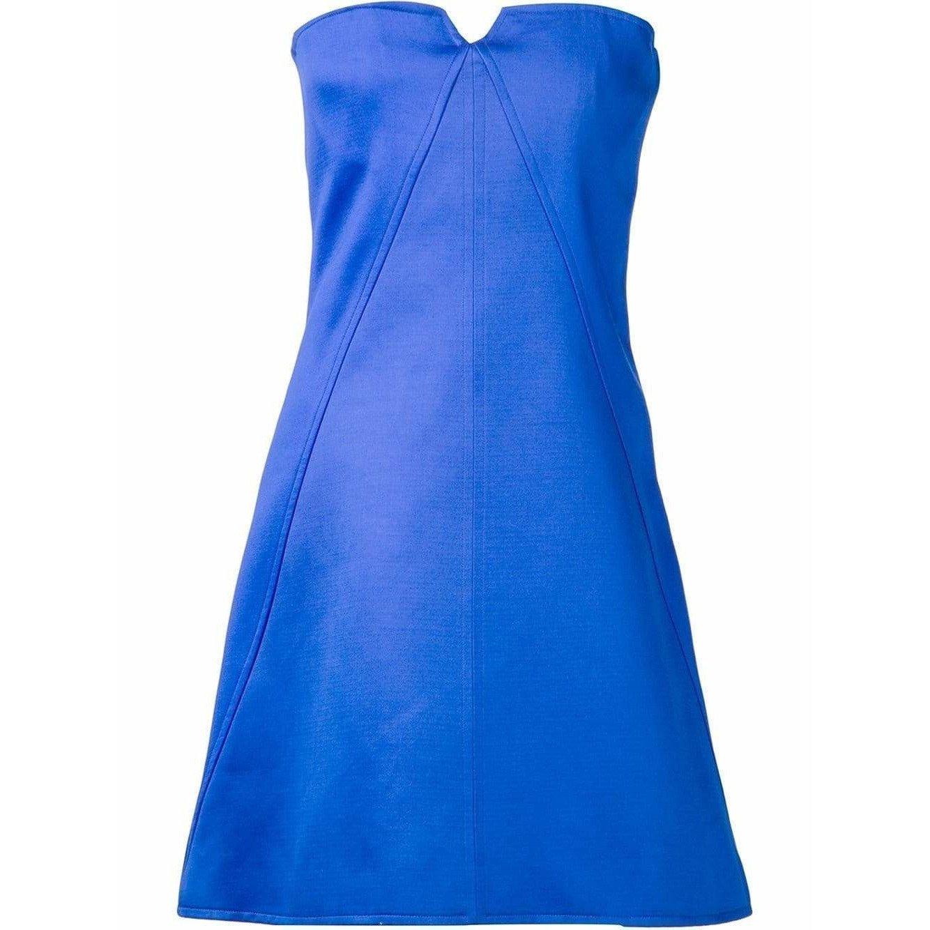 This brilliant blue A-line strapless dress is cotton with an inner corset and seam detailing from Courreges.