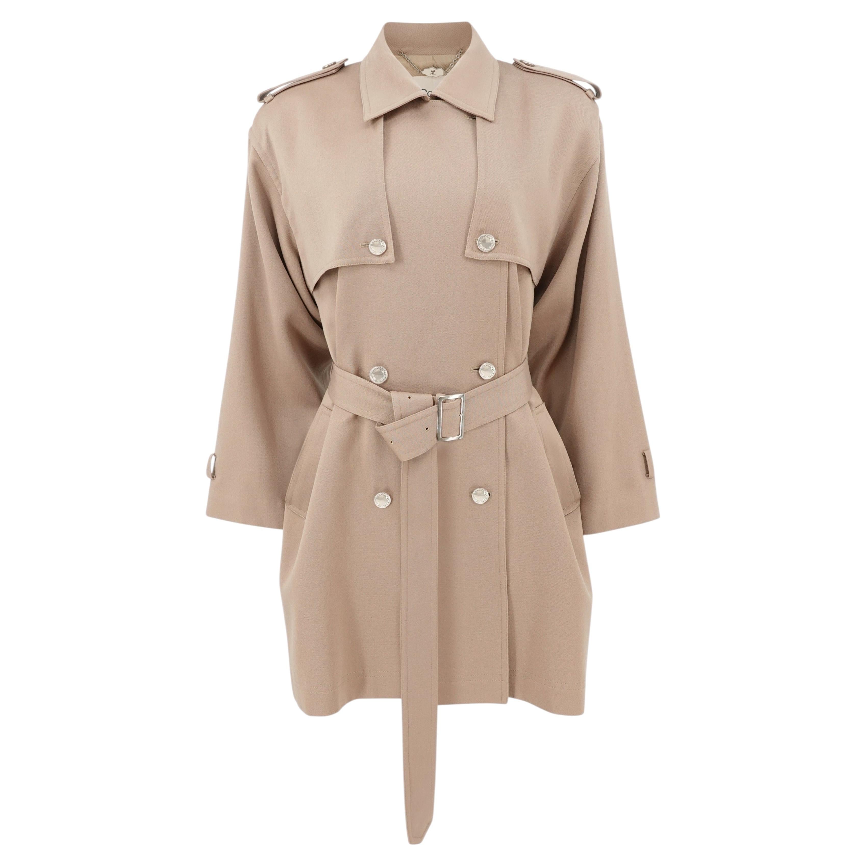Pre-owned Courrèges Courr�ges Vintage 1980s�90s Beige Wool Belted Cape Back Short Trench Coat In Brown