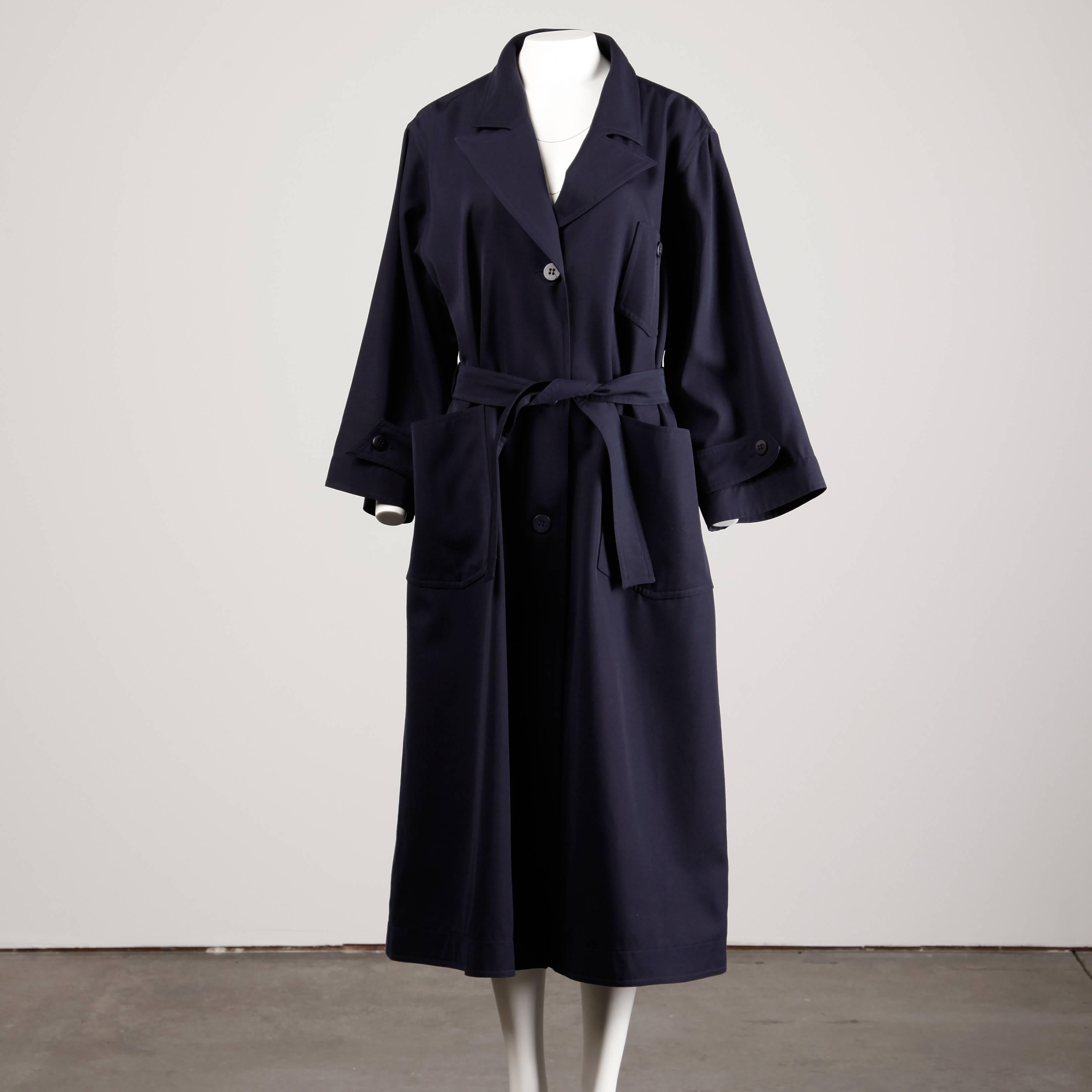 Courreges Vintage Navy Blue Wool Gabardine Trench Coat with Cape Detail In Excellent Condition For Sale In Sparks, NV