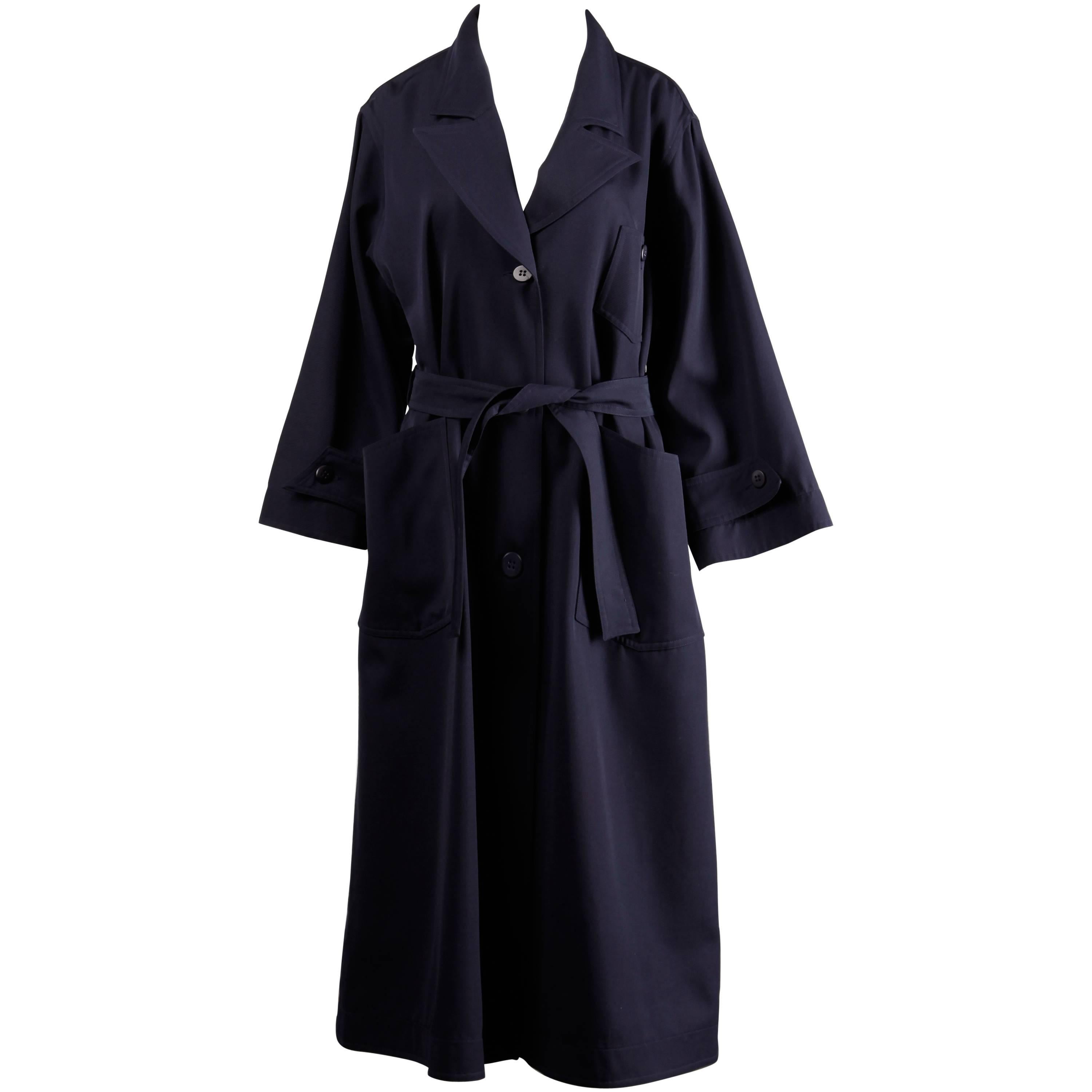 Courreges Vintage Navy Blue Wool Gabardine Trench Coat with Cape Detail For Sale