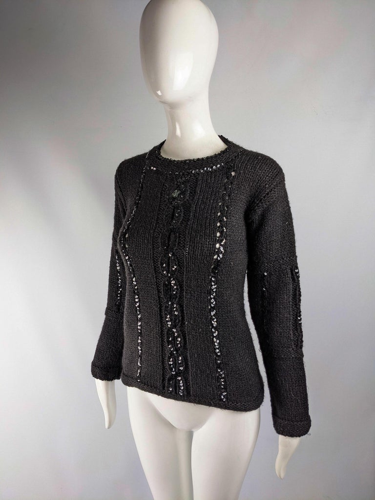 Courreges Vintage Womens Black Sequin Cable Knit Sweater For Sale at ...