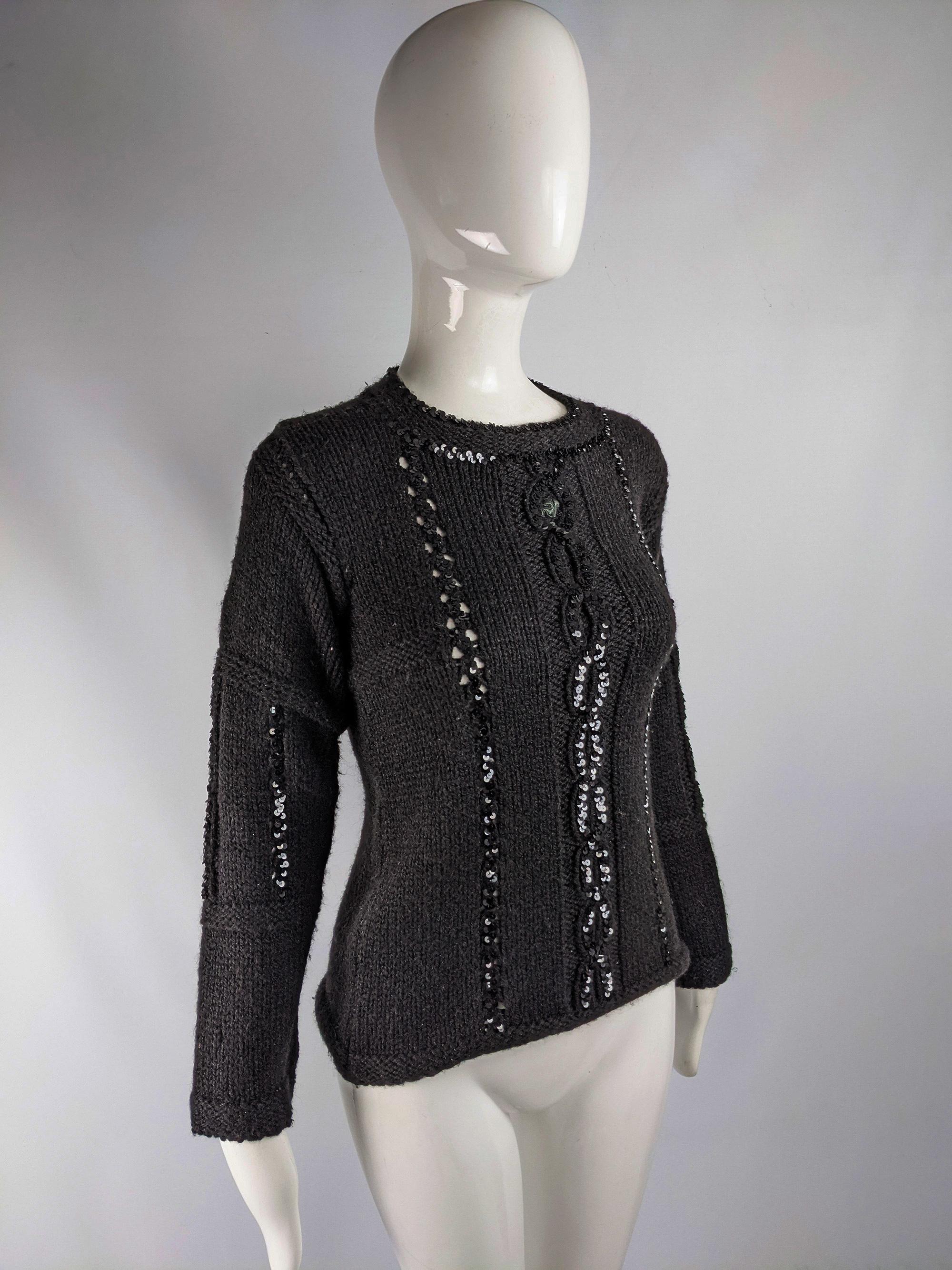 Courreges Vintage Womens Black Sequin Cable Knit Sweater  In Good Condition For Sale In Doncaster, South Yorkshire