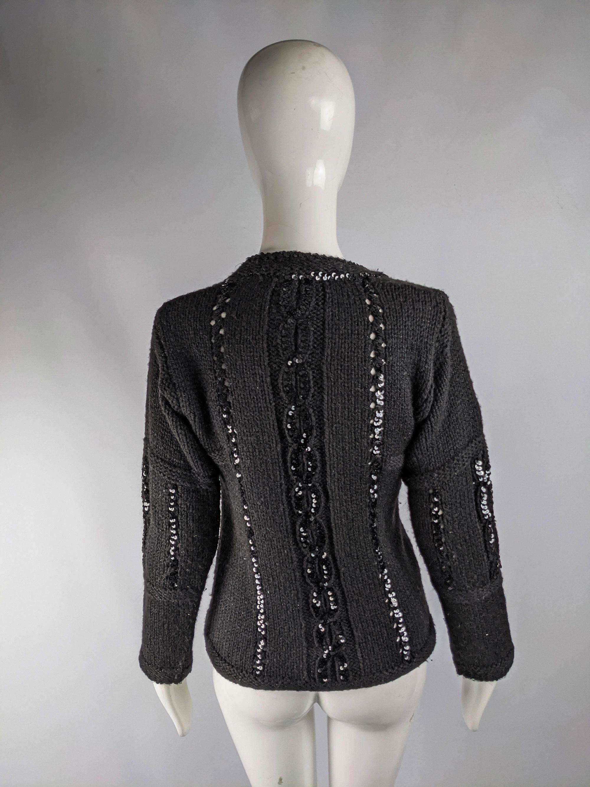 Courreges Vintage Womens Black Sequin Cable Knit Sweater  For Sale 1