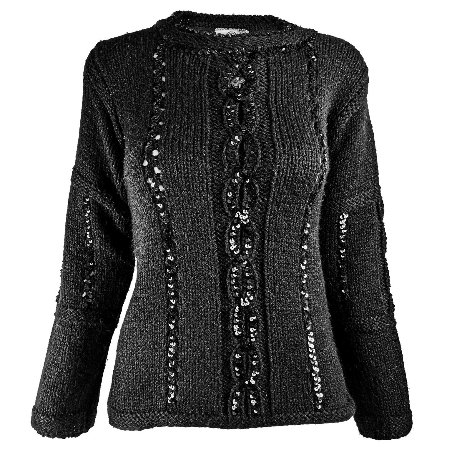 Courreges Vintage Womens Black Sequin Cable Knit Sweater  For Sale