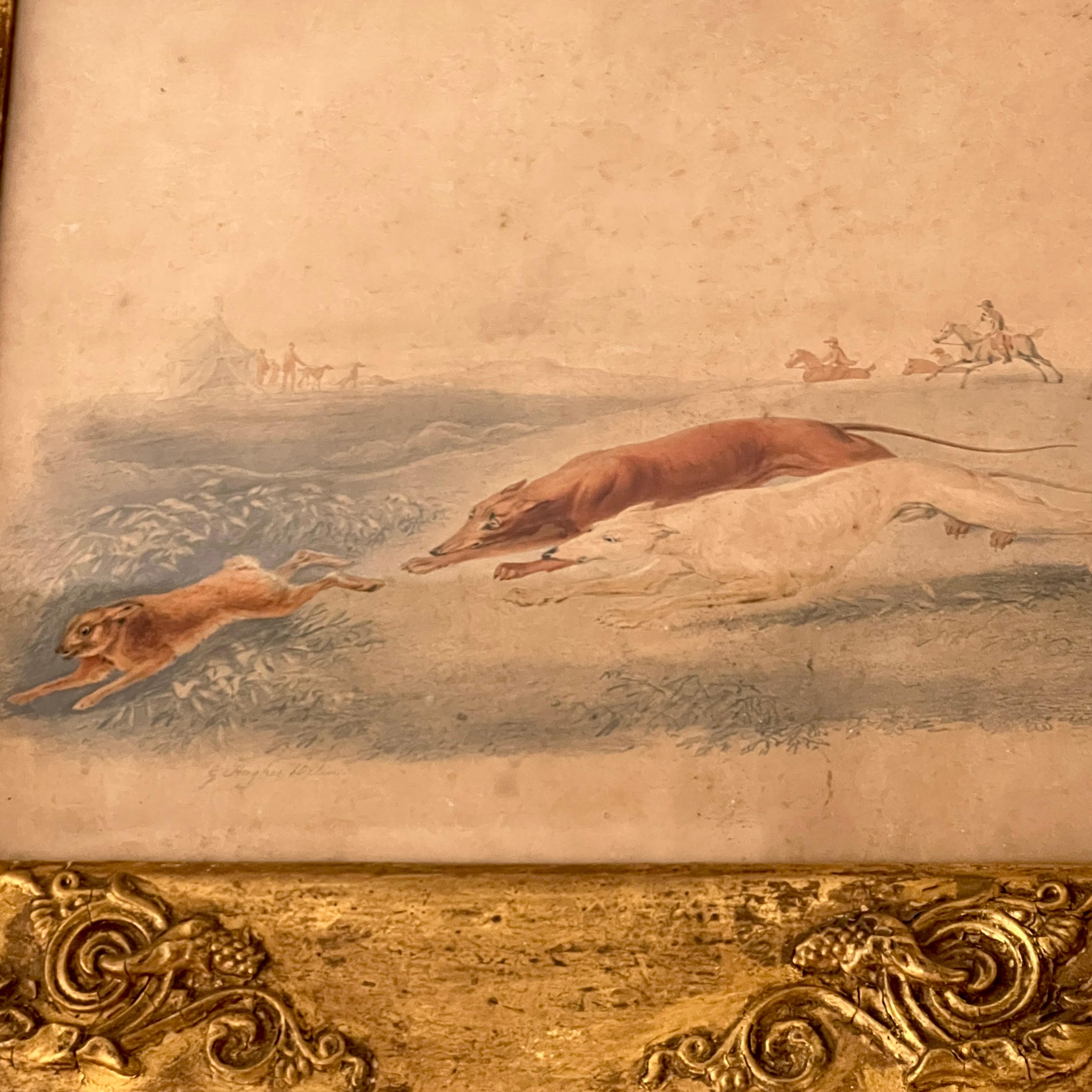 English Coursing Greyhounds Lurchers C19th Signed Watercolour For Sale