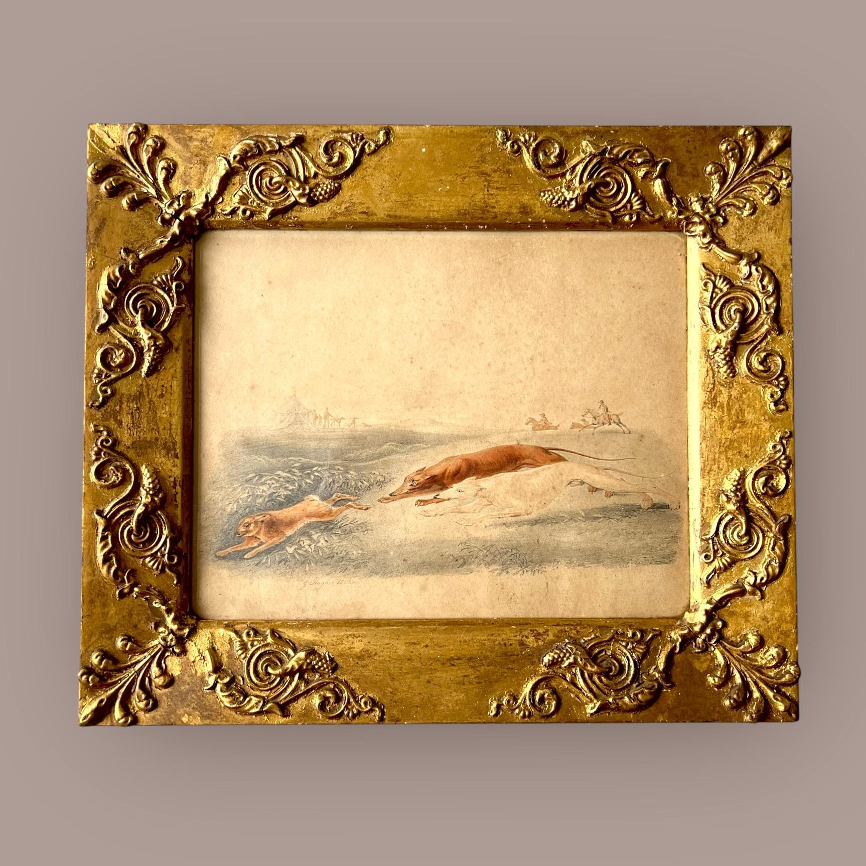 Giltwood Coursing Greyhounds Lurchers C19th Signed Watercolour For Sale