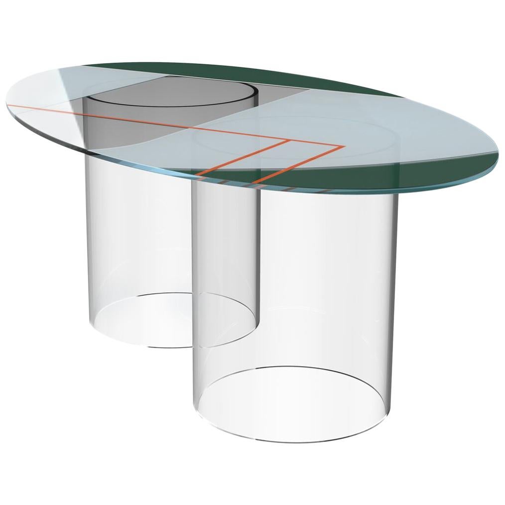 Table de salle à manger ovale Court 2 par Pieces, moderne, surface en verre imprimé et bases en acrylique en vente