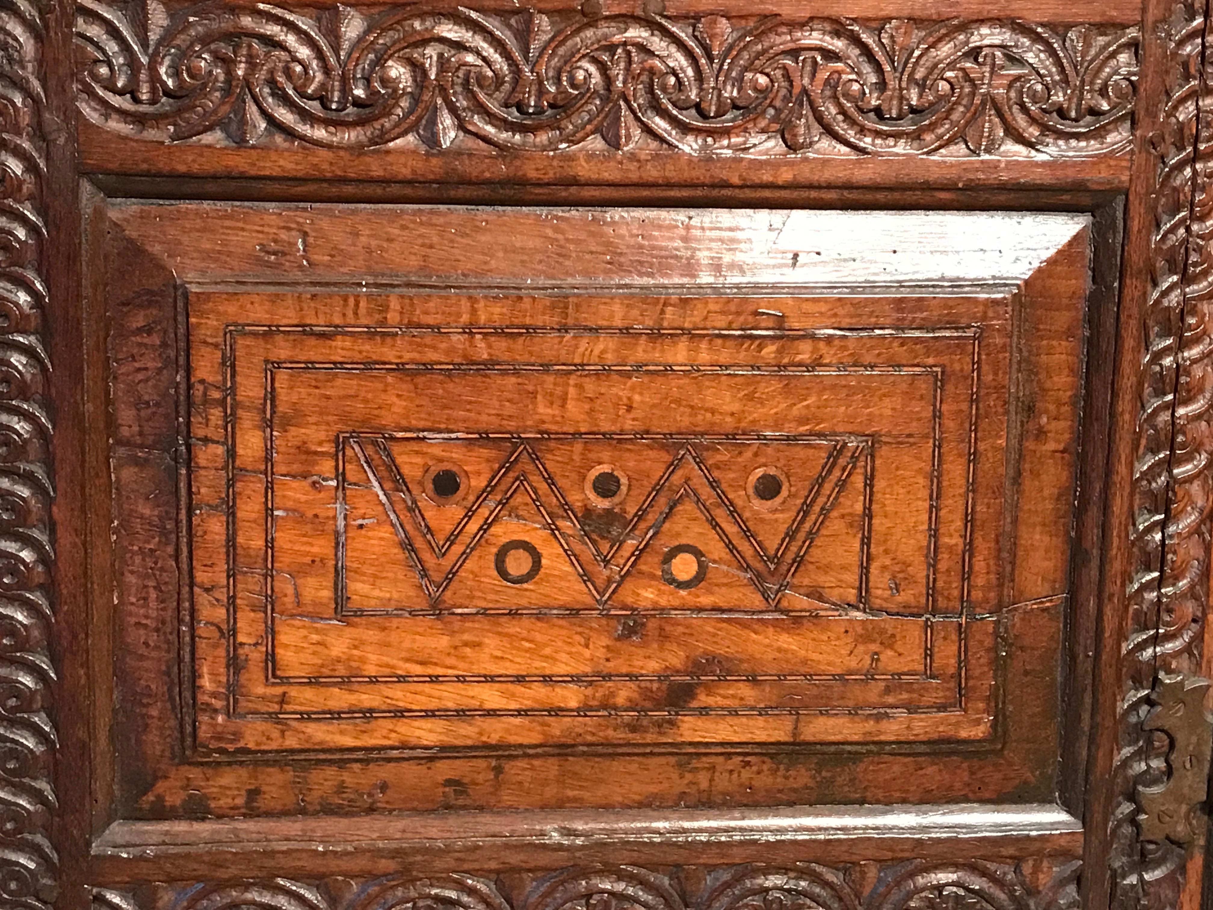 Court Cupboard Dated 1731 Initialled RR KL Inlaid Oak Fruitwood Masks For Sale 4