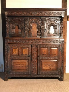 Court Cupboard Dated 1731 Initialled RR KL Inlaid Oak Fruitwood Masks
