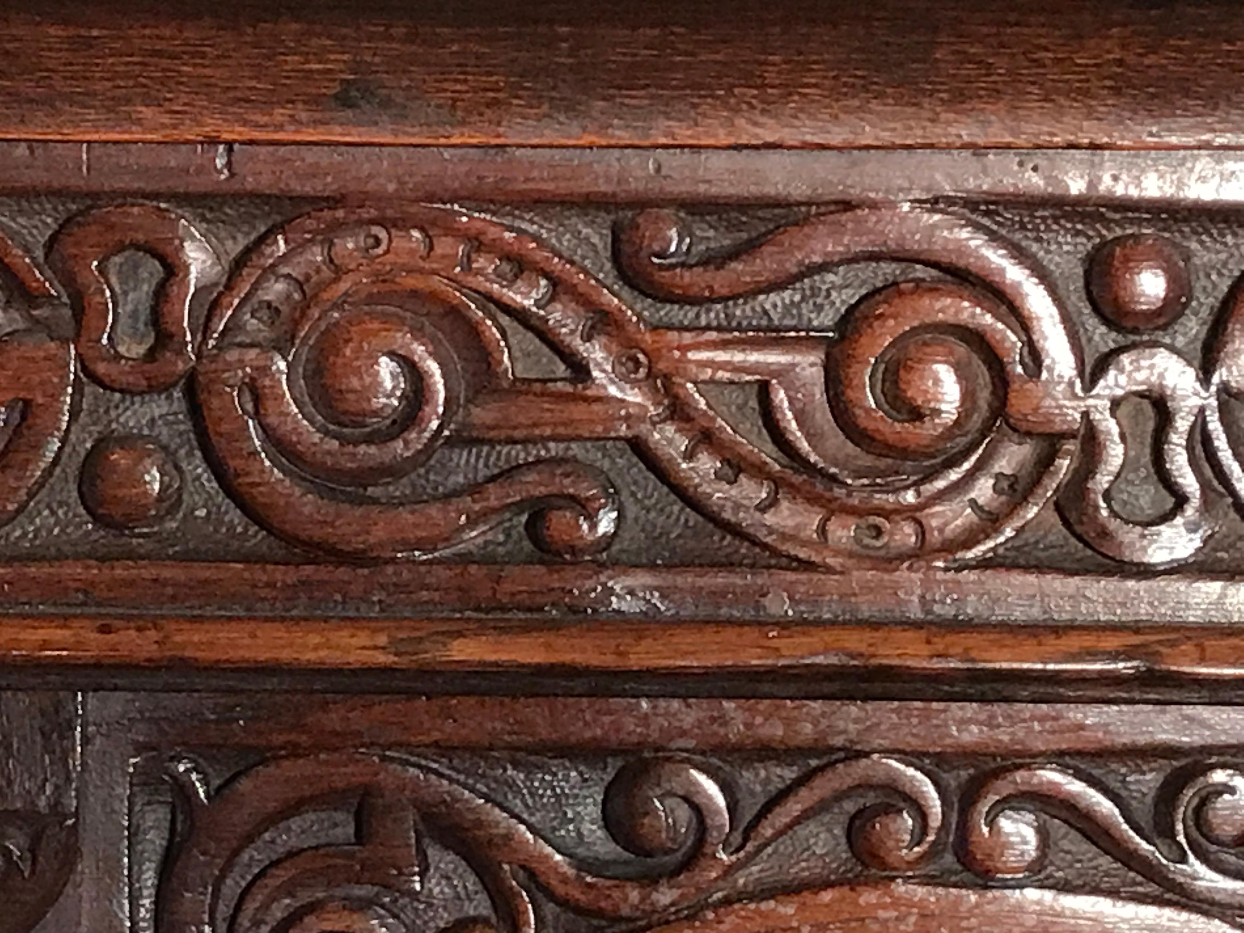 Sycamore Court Cupboard Dated 1731 Initialled RR KL Inlaid Oak Fruitwood Masks For Sale