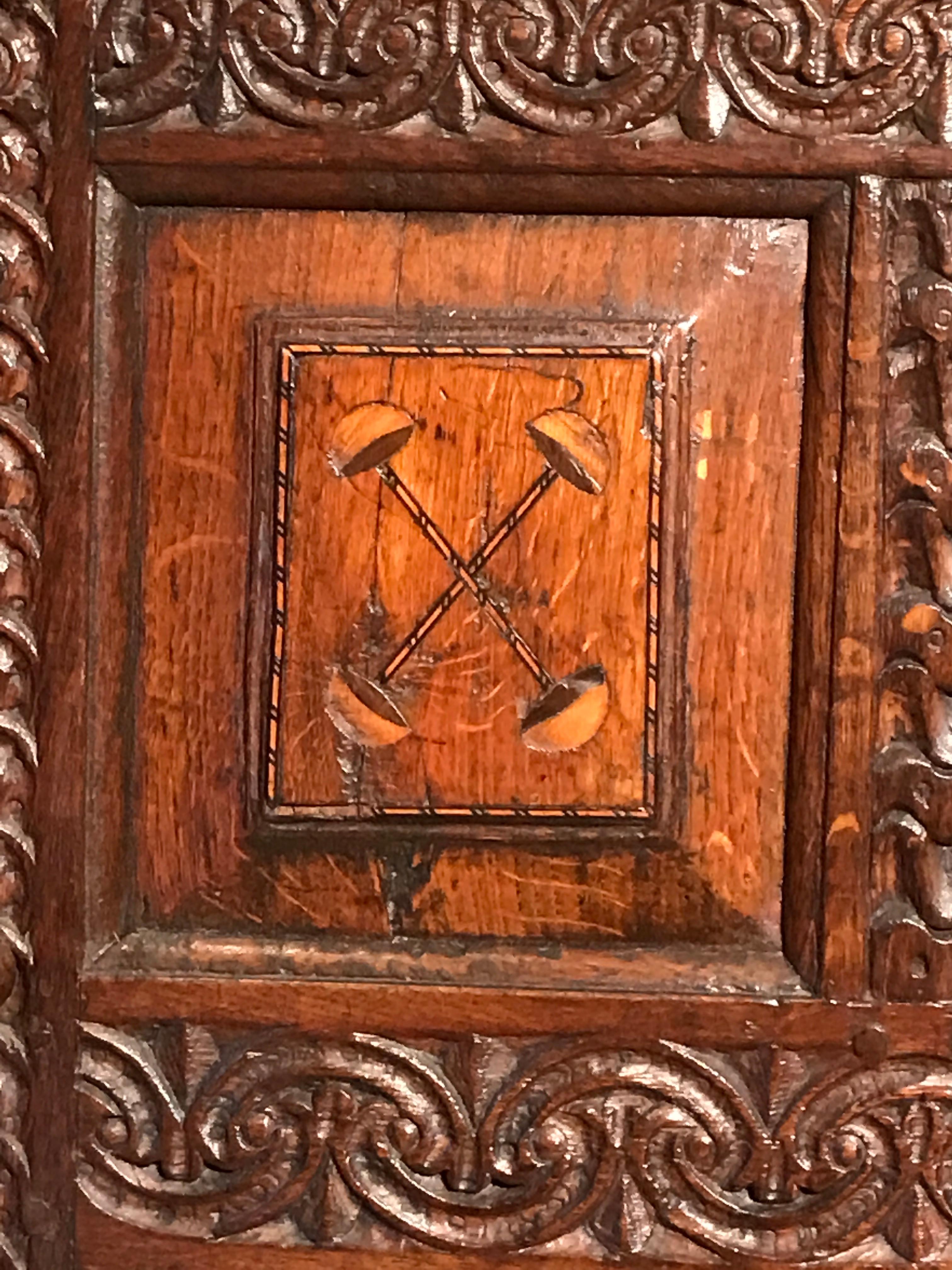 Court Cupboard Dated 1731 Initialled RR KL Inlaid Oak Fruitwood Masks For Sale 2