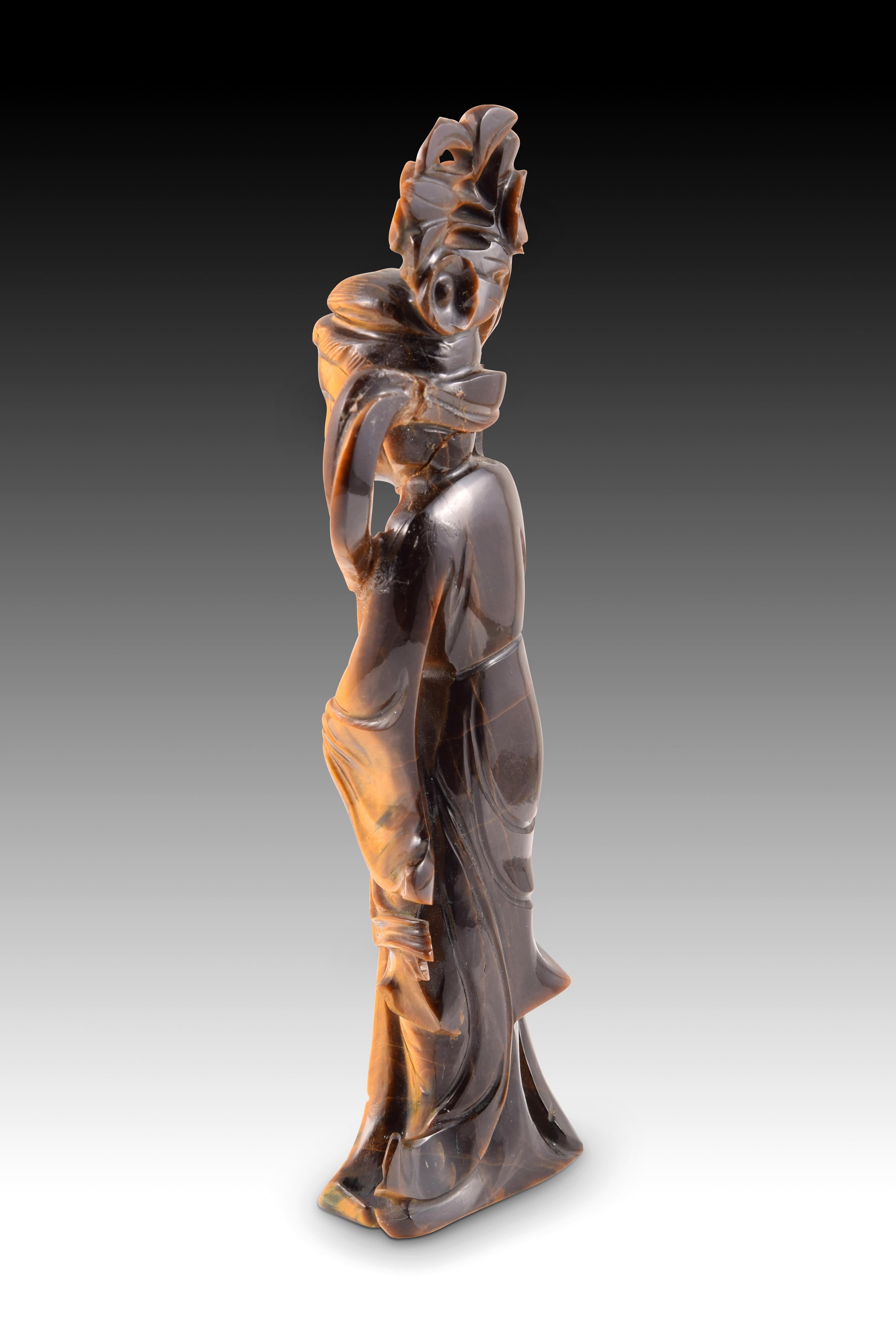 Asian Court Dancer or Guanyin, Tiger's Eye Stone Carved, 20th Century For Sale