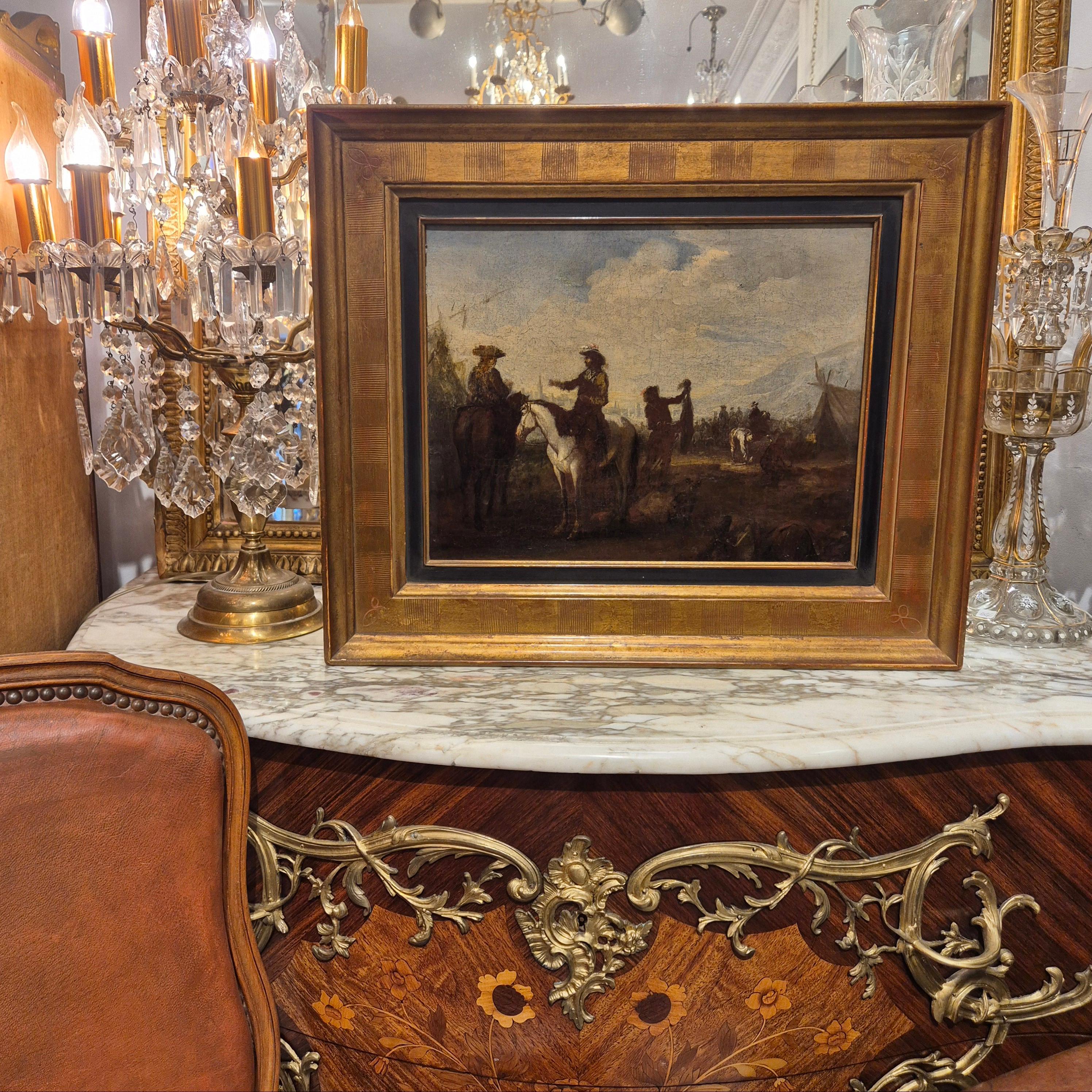 This richly narrated painting probably takes us back to a hunting scene at court in the late 17th or early 18th century.

In the left foreground, two men on horseback are engaged in a lively conversation, while in the distance, behind them, we see a