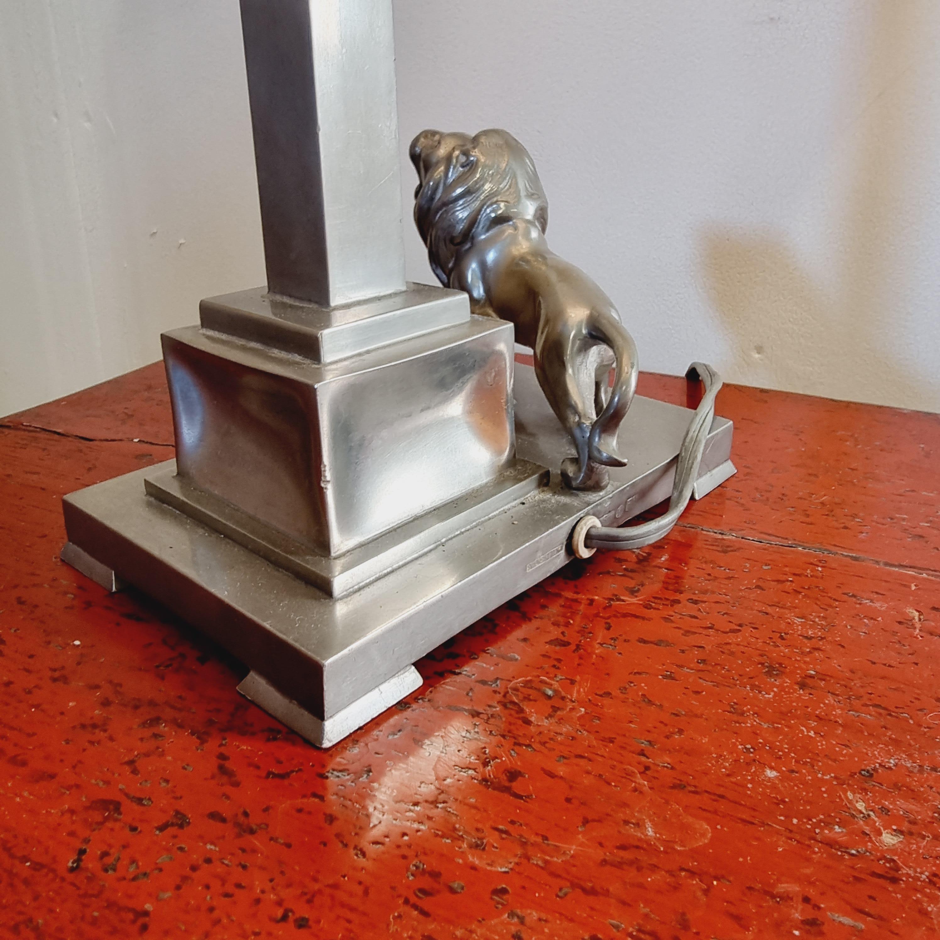 Pewter Court Jeweller Ernst Svedbom, Table Lamp with Lion Decor, Swedish Grace/Art Deco For Sale
