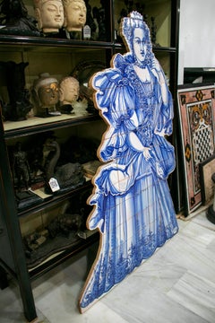 Court Lady Hand Painted Portuguese Blue and White Glazed Ceramic Tile Panel